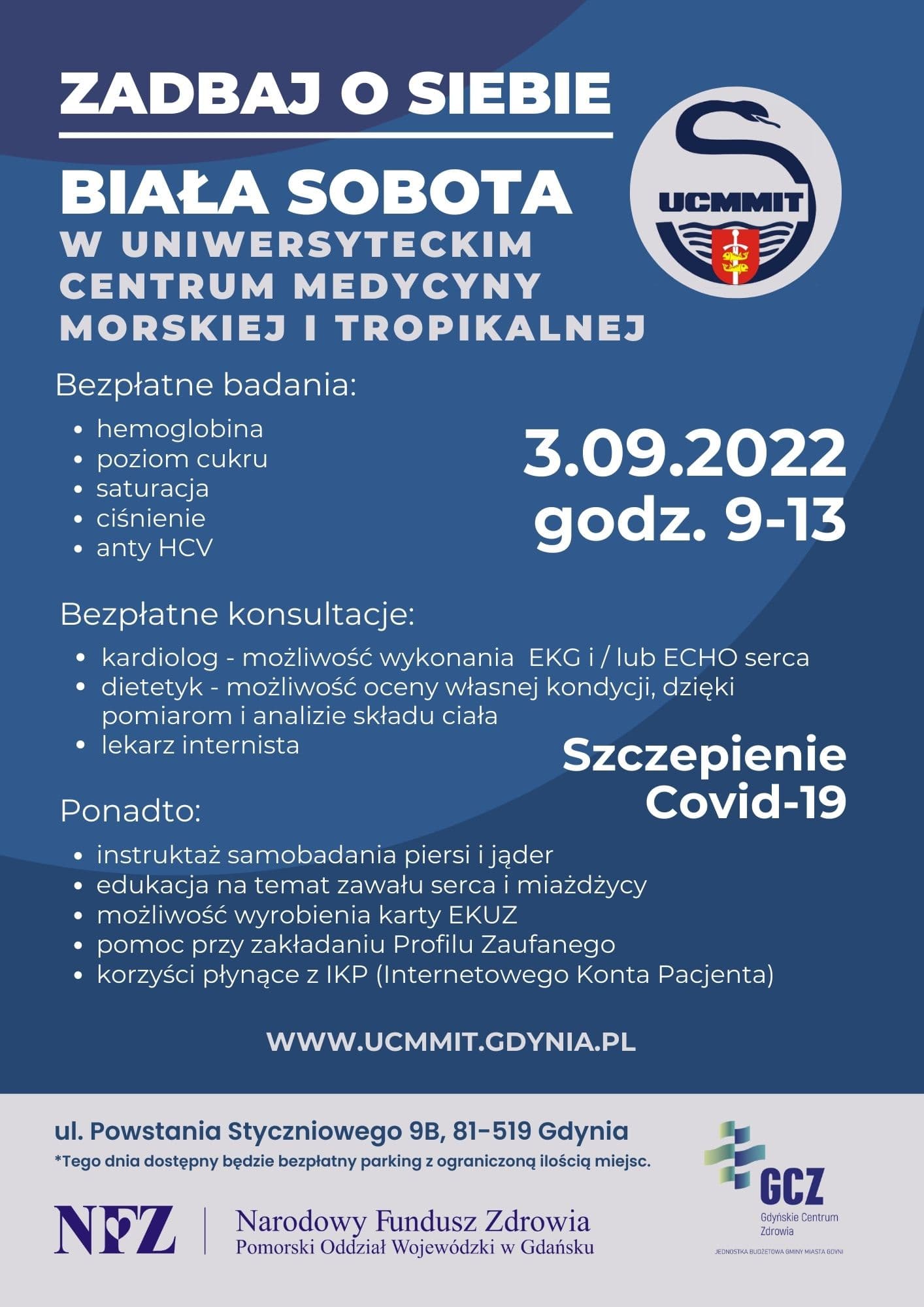 Plakat promujący Białą Sobotę w Uniwersyteckim Centrum Medycyny Morskiej i Tropikalnej. Na granatowym tle znajdują się białe napisy - informacje na temat bezpłatnych badań i konsultacji, kt&oacute;re będa dostepne podczas wydarzenia // materiały prasowe UCMMiT