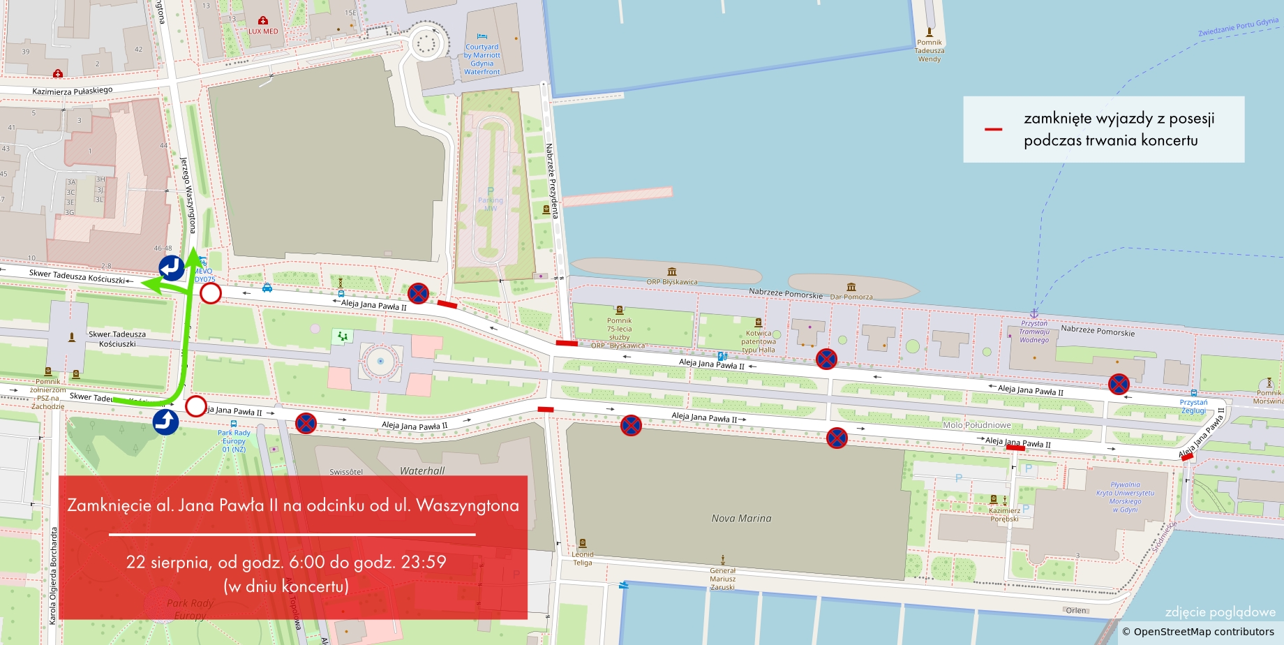 Mapka pokazująca zamknięcie Al. Jana Pawła II na odcinku ul. Waszyngtona.