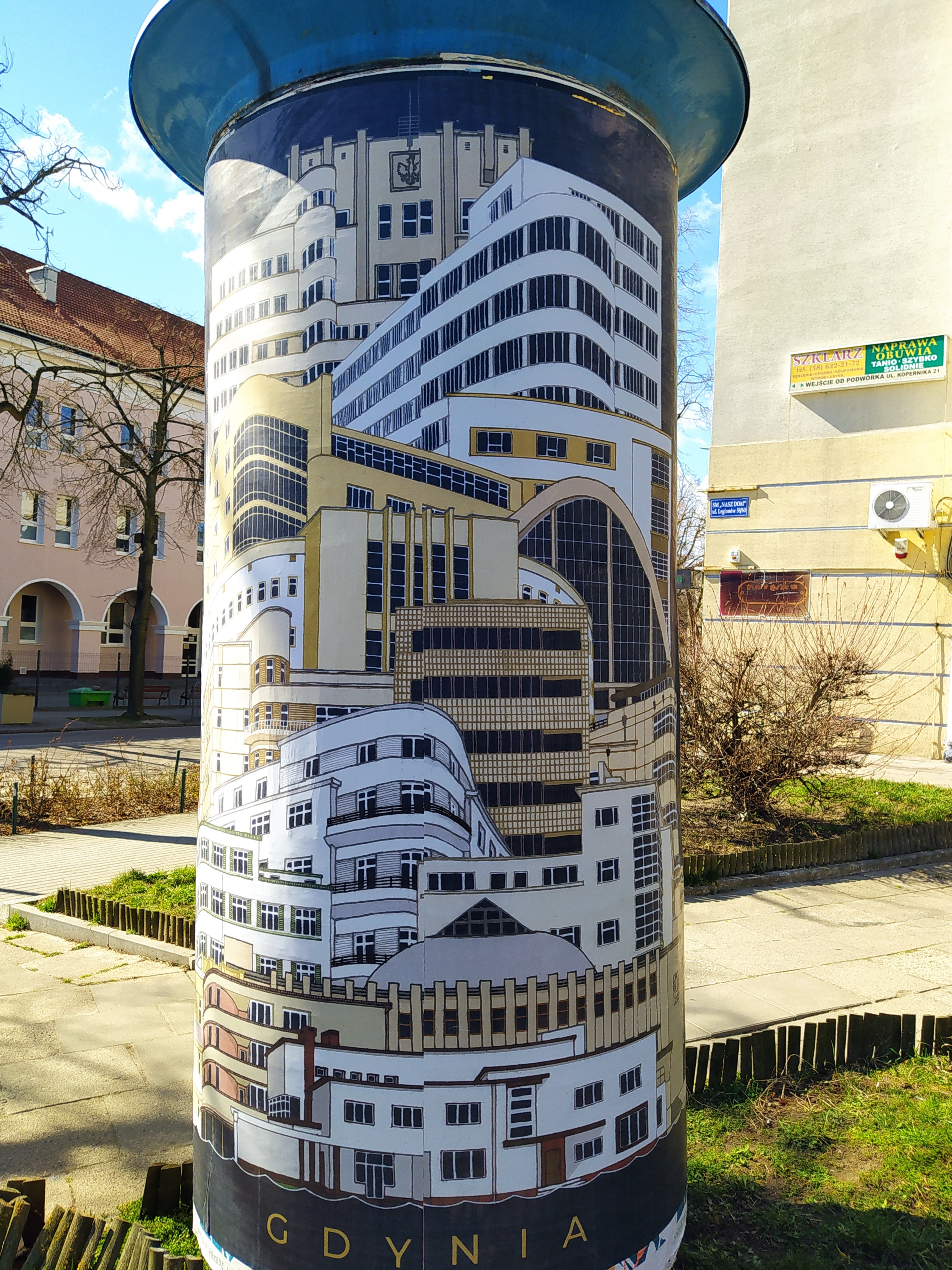 Plakat Jana Rutki: modernistyczne budynki i statek Batory.