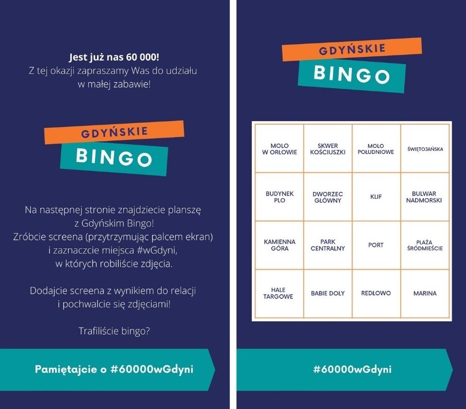 Dwie granatowe plansze "Gdyńskie Bingo" z Instastory. Treść z plansz:  Jest już nas 60 000! Z tej okazji zapraszamy Was do udziału w małej zabawie! Na następnej stronie znajdziecie planszę  z Gdyńskim Bingo! Zr&oacute;bcie screena (przytrzymując palcem ekran) i zaznaczcie miejsca #wGdyni, w kt&oacute;rych robiliście zdjęcia. Dodajcie screena z wynikiem do relacji  i pochwalcie się zdjęciami! Trafiliście bingo? Pamiętajcie o #60000wGdyni Druga plansza: 12 kwadrat&oacute;w z nazwami miejsc: Molo w Orłowie, skwer Kościuszki, Molo Południowe, ul. Świętojańska, budynek PLO, Dworzec Gł&oacute;wny, klif, Bulwar Nadmorski, Kamienna G&oacute;ra, Park Centralny, port, plaża Śr&oacute;dmieście, Hale Targowe, Babie Doły, Redłowo, marina.