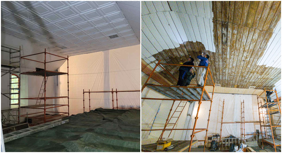 Kolaż zdjęć: zabytkowy sufit skryty pod kasetonami (z lewej) i remont sufitu (z prawej). Listopad 2021. Źr&oacute;dło: parafia-orlowo.pl