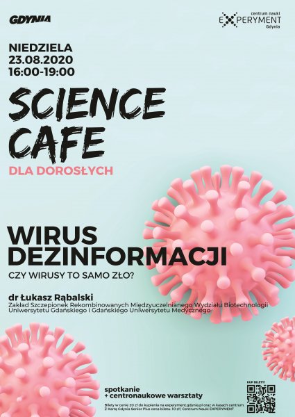 Plakat informujący o wydarzenia Science Cafe w Experymencie 23 sierpnia, materiały prasowe