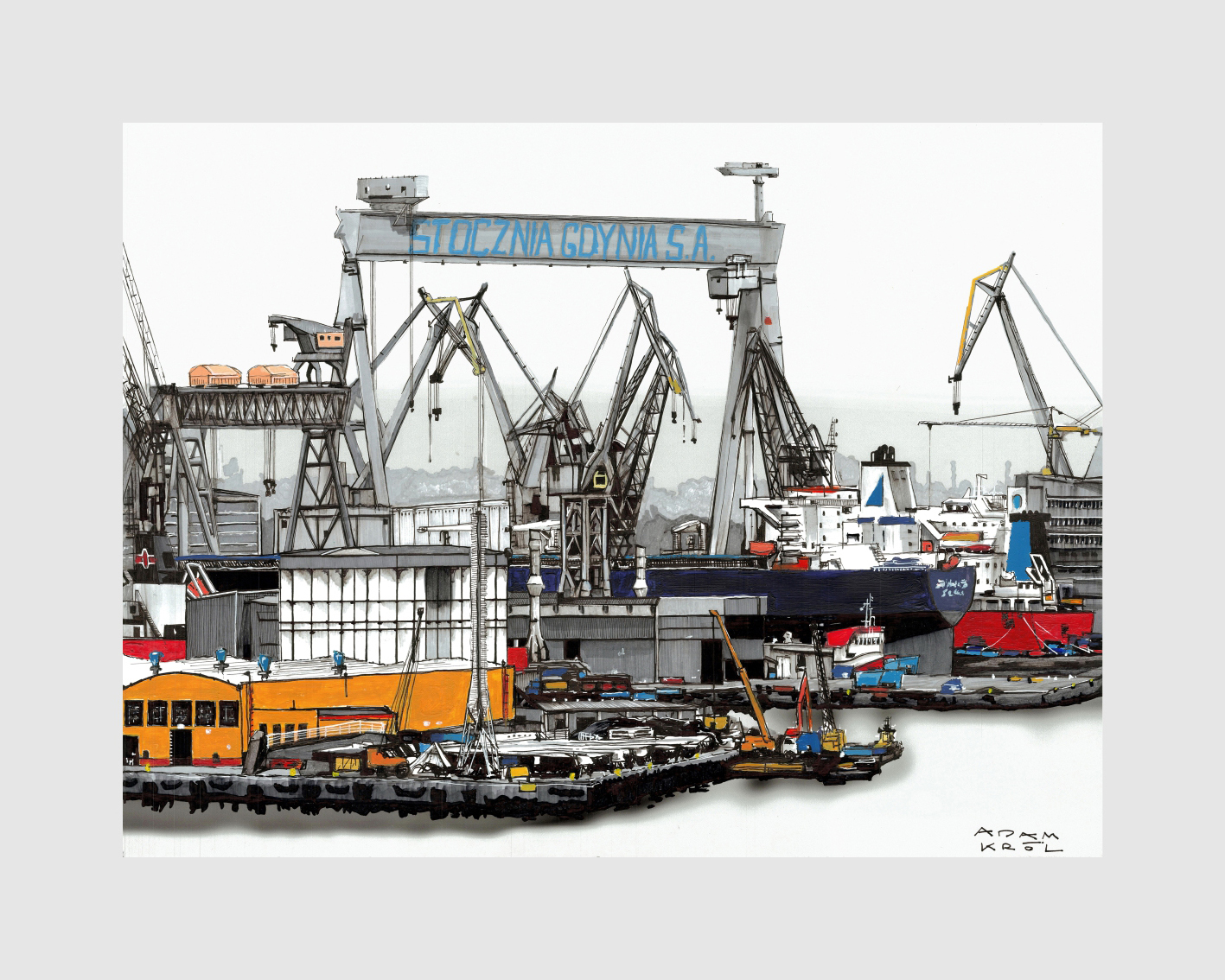 Obraz przedstawiający Stocznię w Gdyni. Widoczne są: suwnica z napisem "Stocznia Gdynia S.A.", poniżej żurawie oraz kontenery.