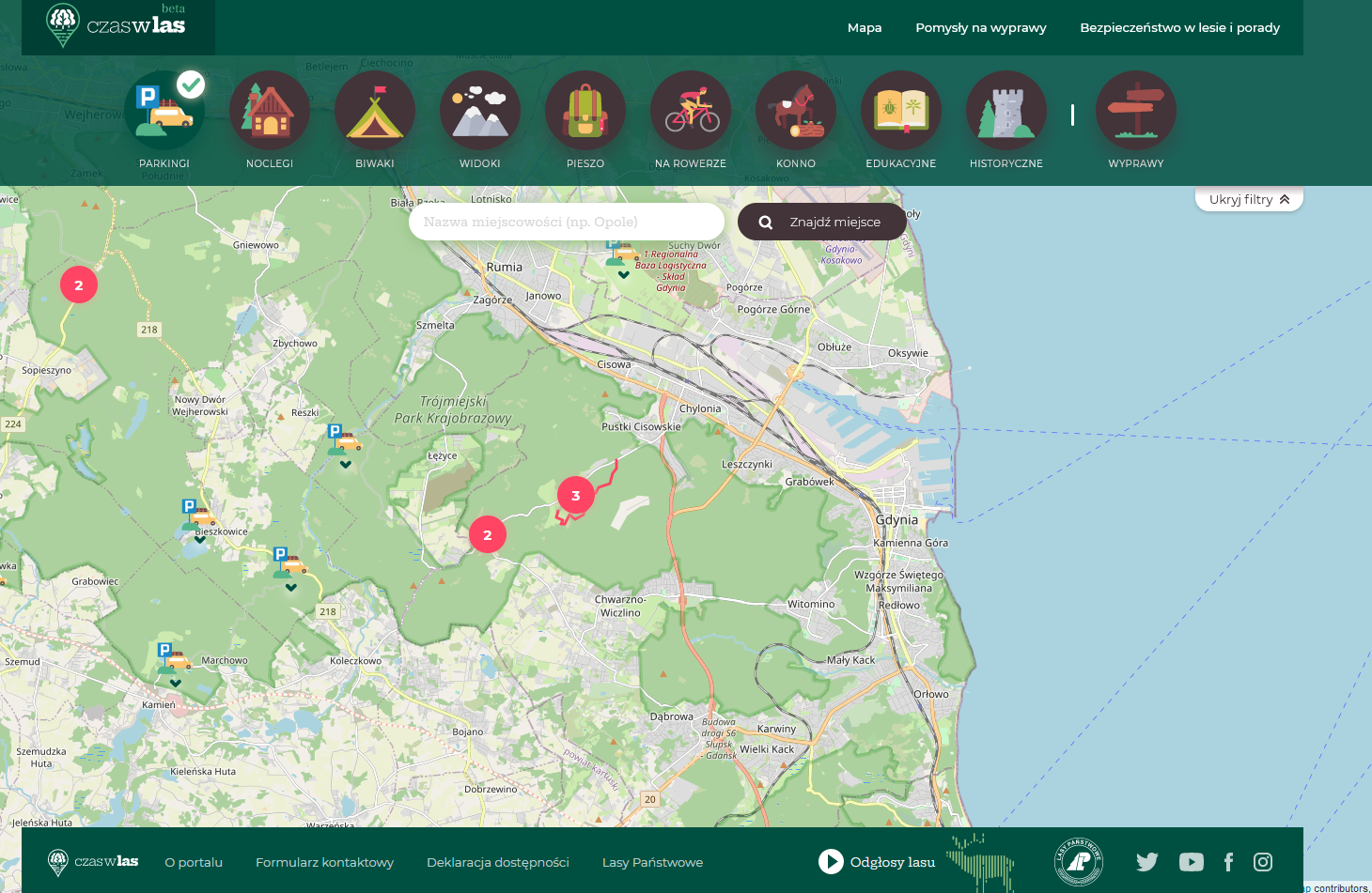 Warto zobaczyć, gdzie w Gdyni i okolicach znajdziemy przydatną leśną infrastrukturę - zaplanowano ją także z myślą o popularnych wśr&oacute;d grzybiarzy lokalizacjach, fot. czaswlas.pl / zrzut ekranu