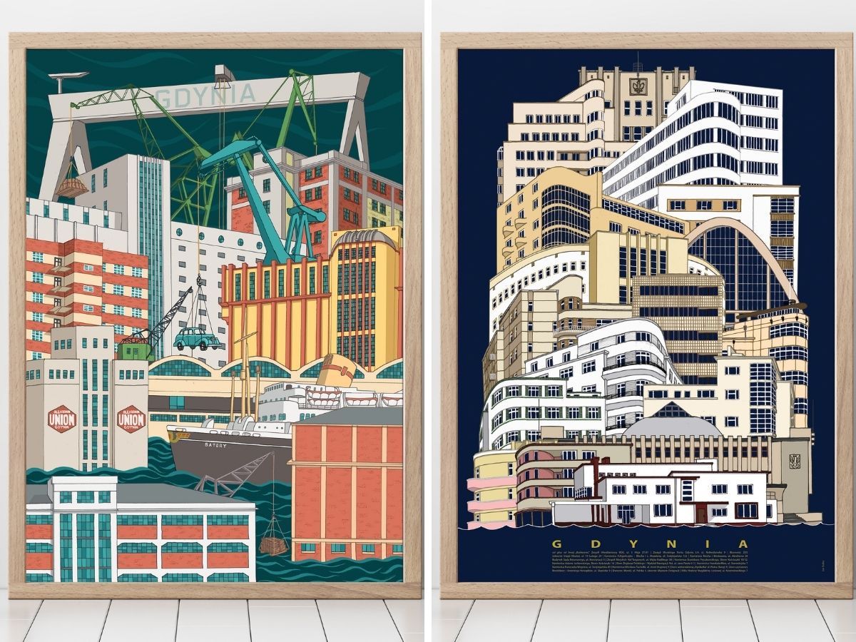 Kolaż plakat&oacute;w autorstwa Jana Rutki. Po lewej stronie jest plakat stoczniowy, z charakterystycznymi elementami: suwnica z napisem "Stocznia Gdynia S.A.", żurawie, budynek Muzeum Emigracji czy statek pasażerski MS Batory. Wszystkie elementy się przenikają, tworząc kolorowy kolaż. Po prawej stronie mamy plakat z modernistycznymi budynkami. Jasne, biało-beżowe budynki przeplatają się na granatowym tle.