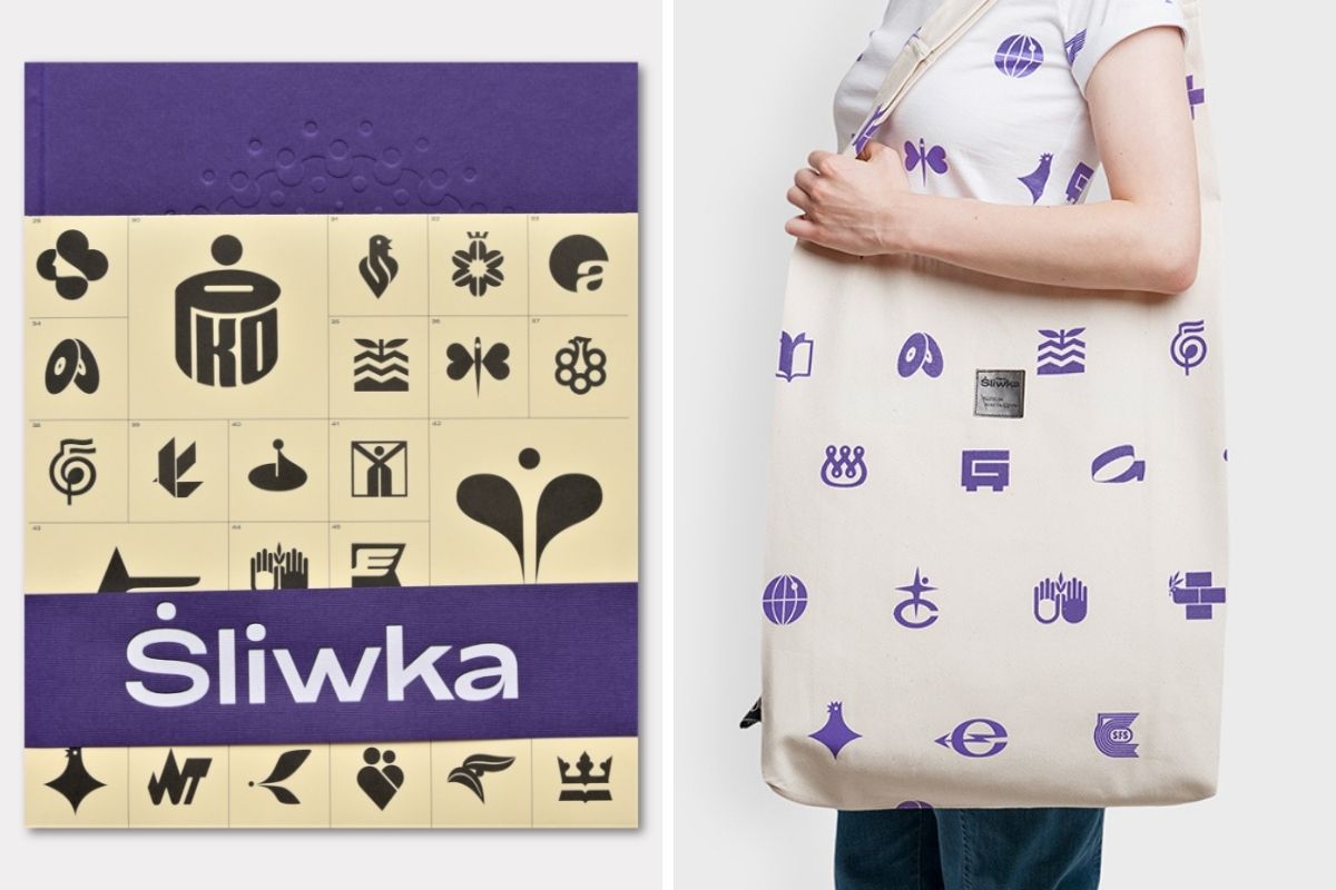 Książka "Karol Śliwka" i bawełniana, biała torba w foletowe loga zaprojektowane przez Karola Śliwkę (torba z firmy Pan Tu Nie Stał). // fot. sklep.muzeumgdyni.pl