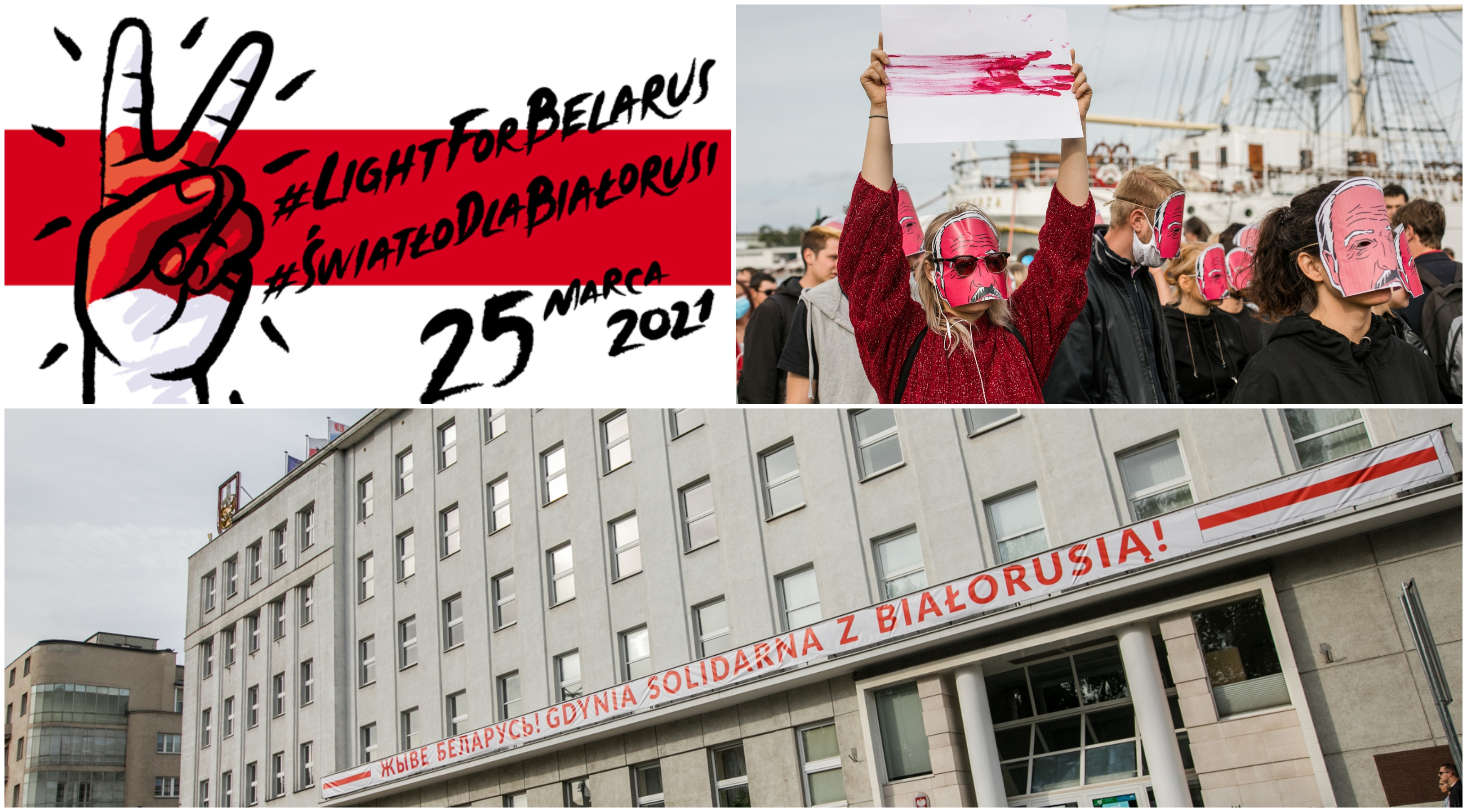 Kolaż, od lewego g&oacute;rnego zgodnie z ruchem wskaz&oacute;wek zegara: grafika #LightForBelarus; akcja performatywna we wrześniu 2020 w Gdyni; baner solidarności z Białorusią na budynku Urzędu Miasta Gdyni. Fot. Karol Stańczak