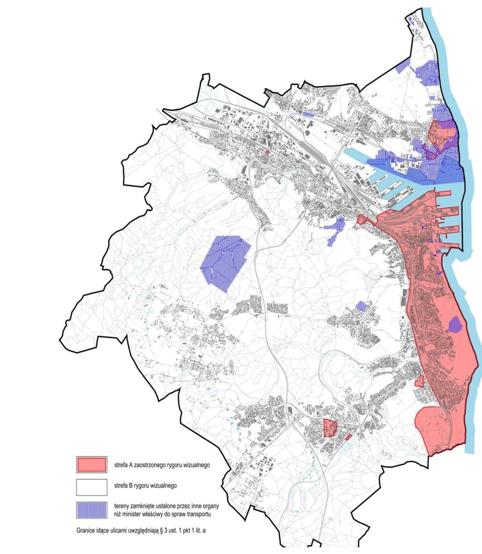 Mapa Gdyni z podziałem na strefę A (zaostrzonego rygoru wizualnego) obejmować będzie między innymi: centralny obszar miasta w tym Śr&oacute;dmieście, Orłowo - zaznaczone na czerwono oraz strefę B - pozostała część miasta, gdzie obowiązywac będzie rygor wizulany zgodny z uchwałą. 