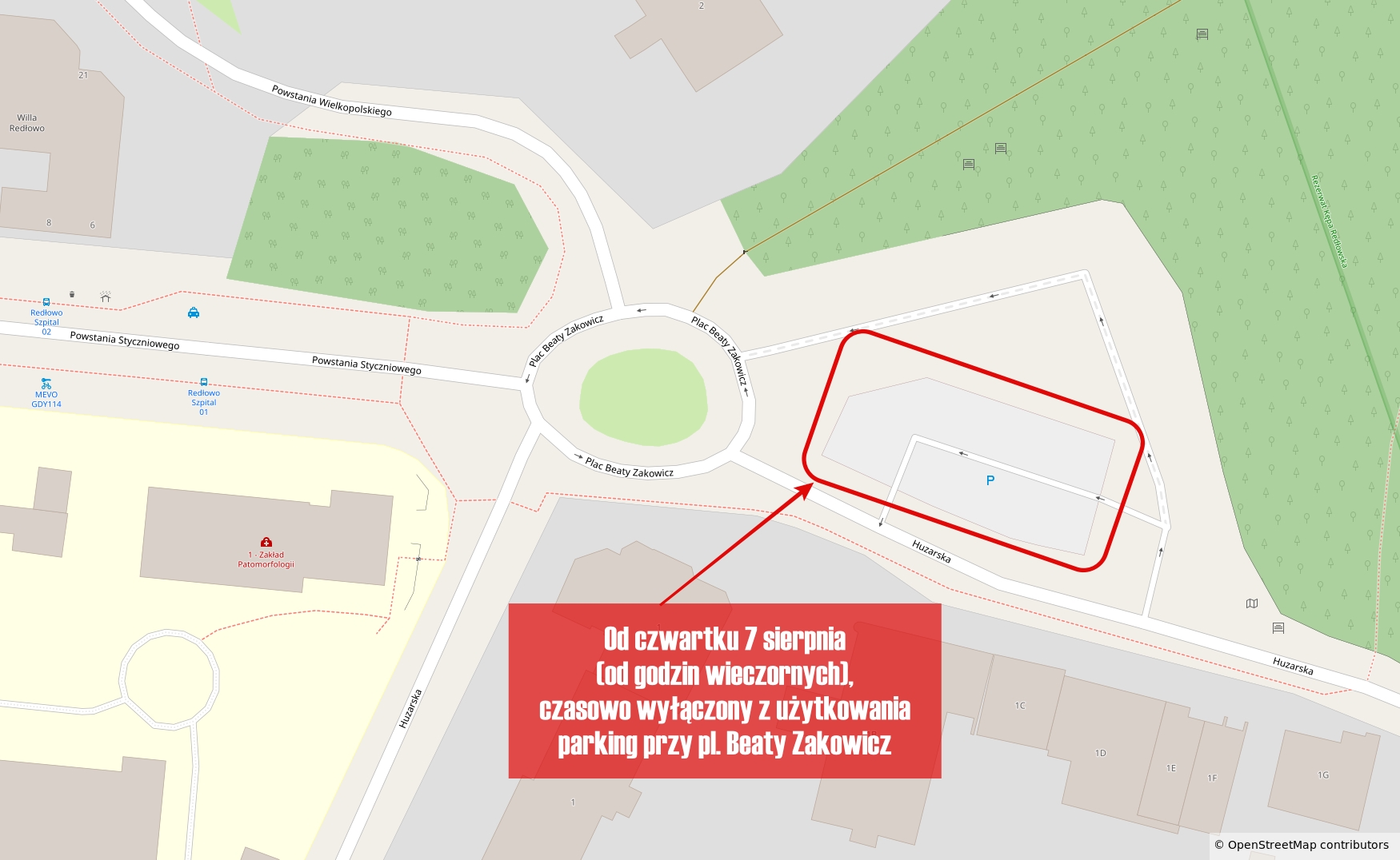 Mapa z zaznaczonym parkingiem