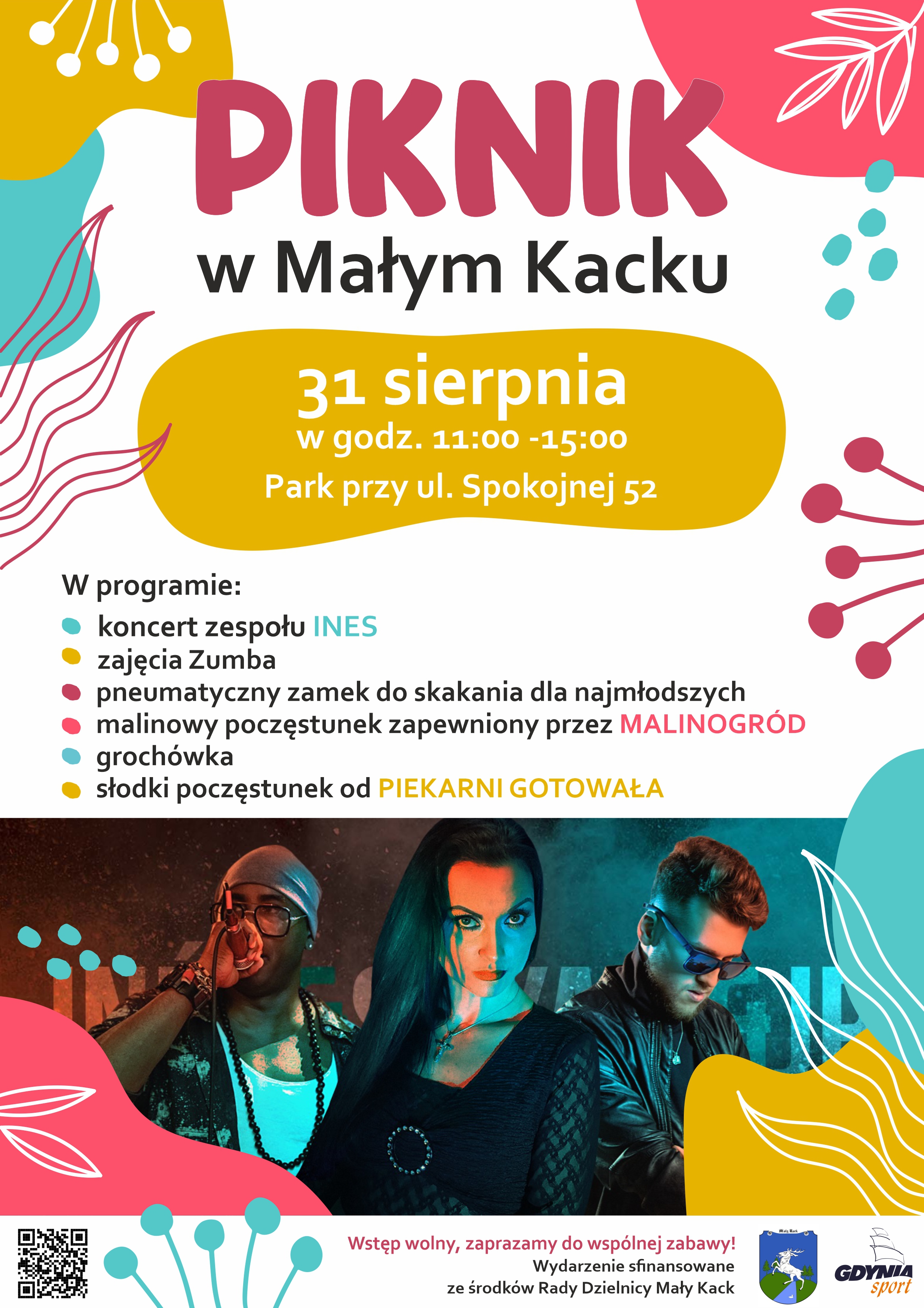 plakat reklamujacy Piknik w Małym Kacku z harmonogramem i zdjęciem zespołu Ines
