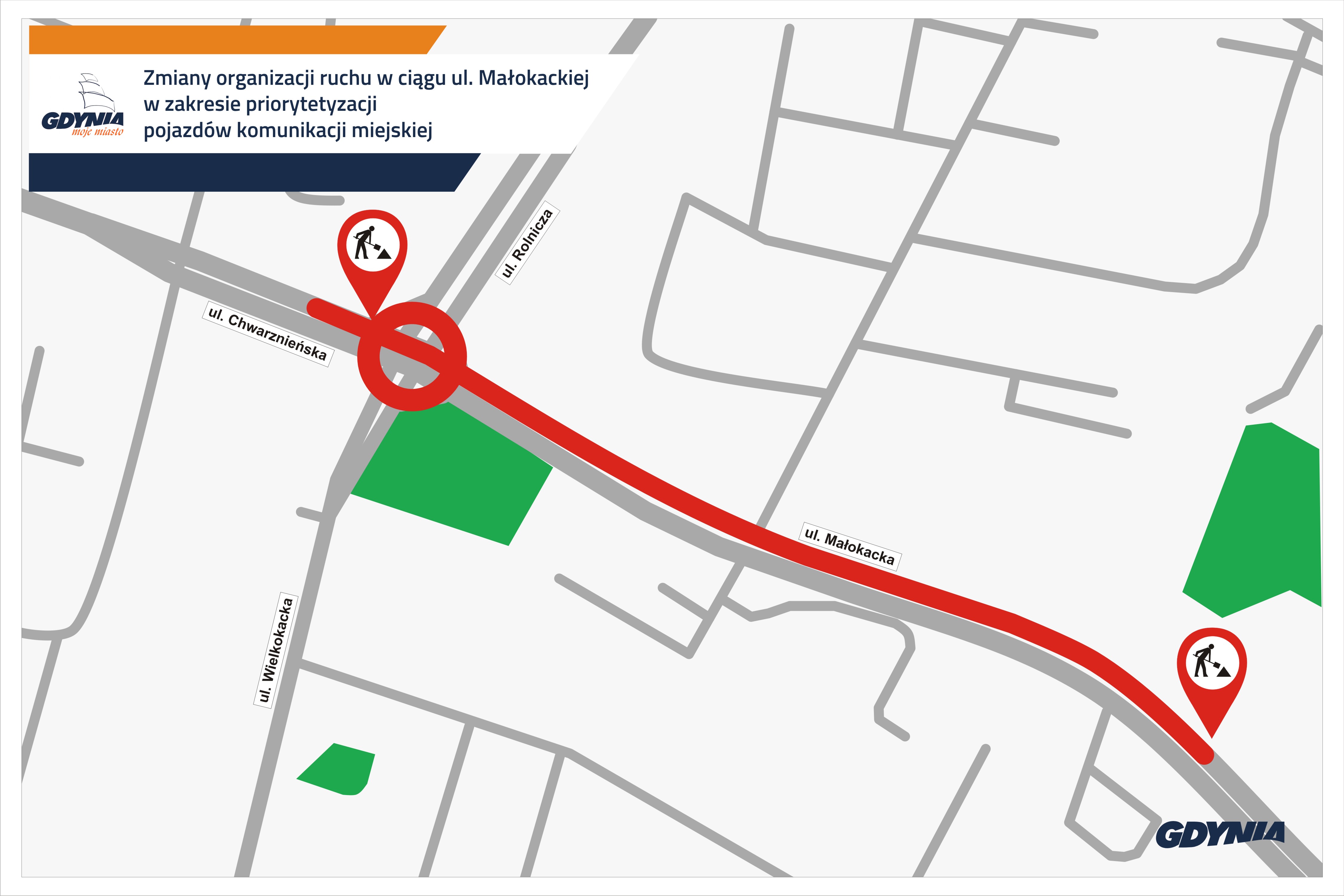 Mapa prezentuje nowy fragment buspasa w ulicy Małokackiej