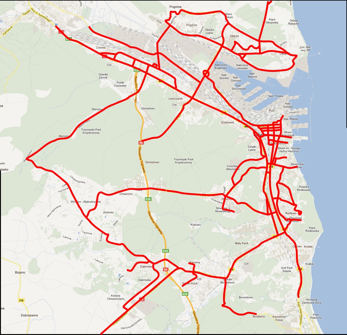 Mapa z zaznaczonymi najważniejszymi drogami