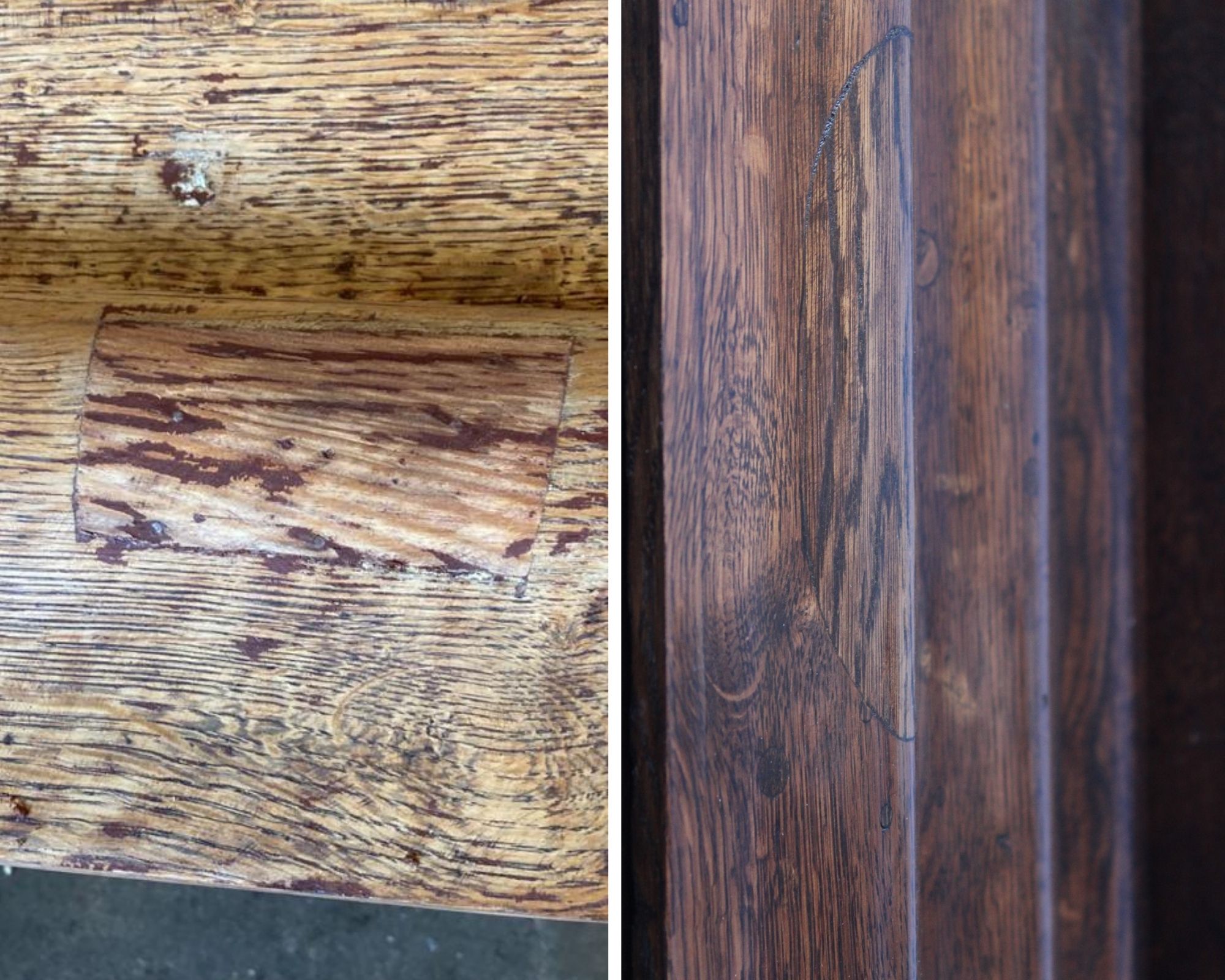 Fragment drzwi do budynku przy ul. Bema 4 w trakcie i po pracach konserwatorskich, widoczne wt&oacute;rne uzupełnienia ubytk&oacute;w za pomocą wstawek z tego samego materiału, fot. Biuro Miejskiego Konserwatora Zabytk&oacute;w w Gdyni