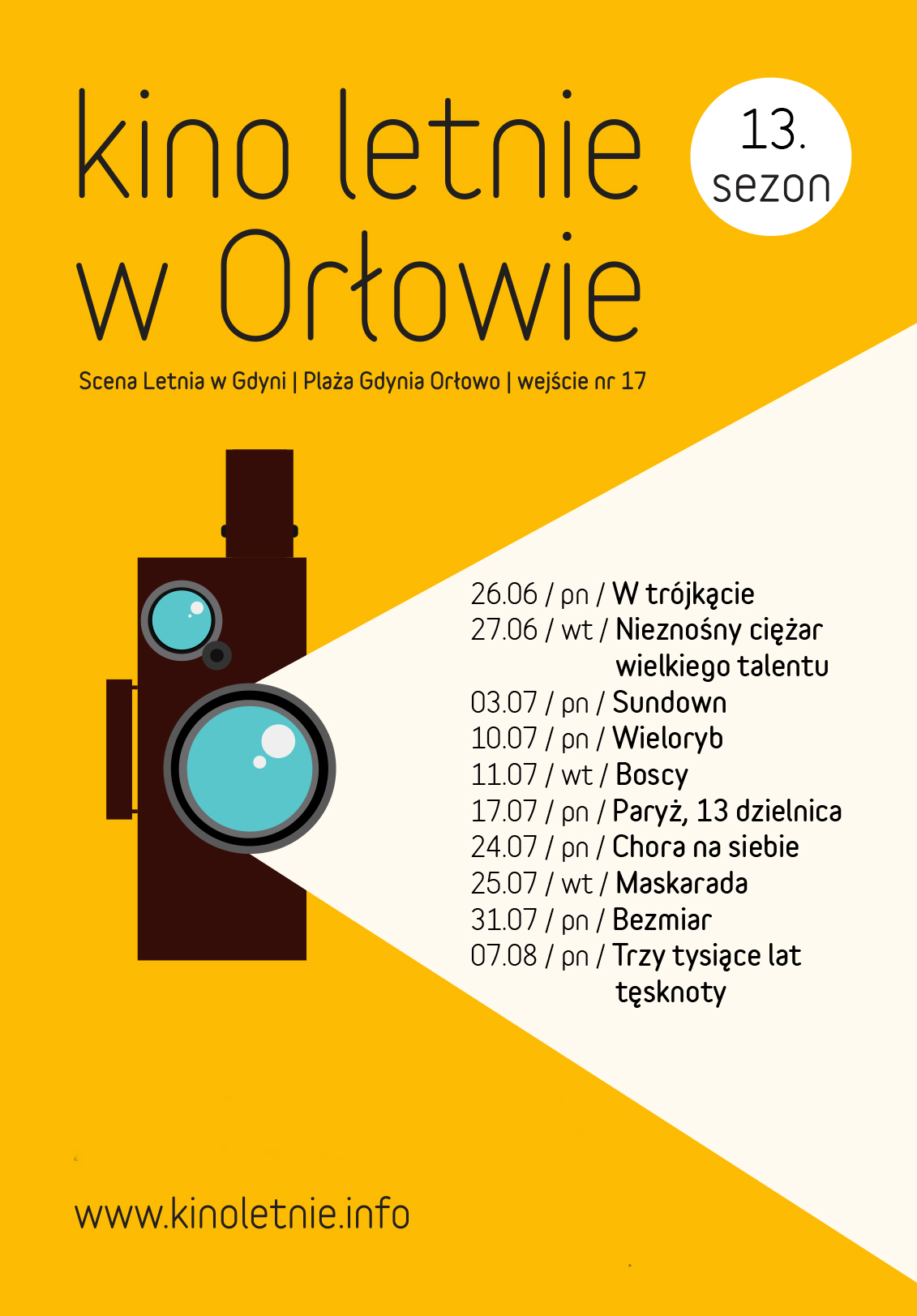 Kino Letnie w Orłowie, Scena Letnia. Program pokaz&oacute;w: &nbsp; 26.06.2023 / poniedziałek / godz.&nbsp;21.30 / &bdquo;W tr&oacute;jkącie&rdquo; reż. Ruben &Ouml;stlund, Szwecja, Wlk. Brytania, Francja, 2022, 150 min. 27.06.2023 / wtorek / godz. 21.30 / &bdquo;Nieznośny ciężar wielkiego talentu&rdquo; reż. Tom Gormican, USA, 2022, 105 min. 03.07.2023 / poniedziałek / godz. 21.30 / &bdquo;Sundown&rdquo; reż. Michel Franco, Francja, Szwecja, Meksyk, 2021, 82 min. 10.07.2023 / poniedziałek / godz. 21.30 / &bdquo;Wieloryb&rdquo; reż. Darren Aronofsky, USA, 2022, 117 min. 11.07.2023 / wtorek / godz. 21.30 / &bdquo;Boscy&rdquo; reż. Mariano Cohn, Gast&oacute;n Duprat, Hiszpania, Argentyna, 2021, 114 min. 17.07.2023 / poniedziałek / godz. 21.30 / &bdquo;Paryż, 13 dzielnica&rdquo; reż. Jacques Audiard, Francja, 2021, 106 min. 24.07.2023 / poniedziałek / godz. 21.30 / &bdquo;Chora na siebie&rdquo; reż. Kristoffer Borgli, Norwegia, Szwecja, 2022, 95 min. 25.07.2023 / wtorek / godz. 21.30 / &bdquo;Maskarada&rdquo; reż. Nicolas Bedos, Francja, 2022, 142 min. 31.07.2023 / poniedziałek / godz. 21.30 / &bdquo;Bezmiar&rdquo; reż. Emanuele Crialese, Włochy, Francja, 2022, 97 min. 07.08.2023 / poniedziałek / godz. 21.30 / &bdquo;Trzy tysiące lat tęsknoty&rdquo; reż. George Miller, USA, 2022, 108 min.