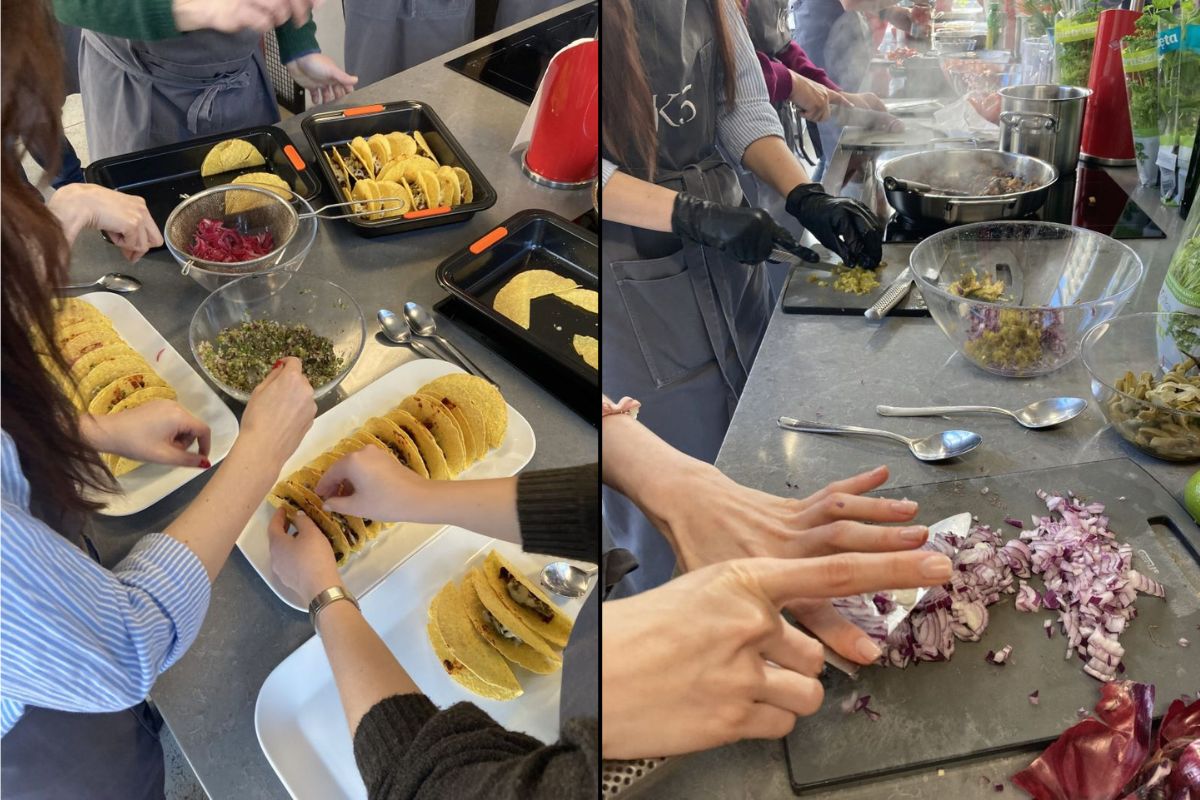 Kolaż zdjęć prezentujący warsztaty kulinarne pod nazwą "depresja od kuchni". Uczestnicy zajęć wraz z bliskimi skupiali się na wsp&oacute;lnym przygotowaniu posiłk&oacute;w.