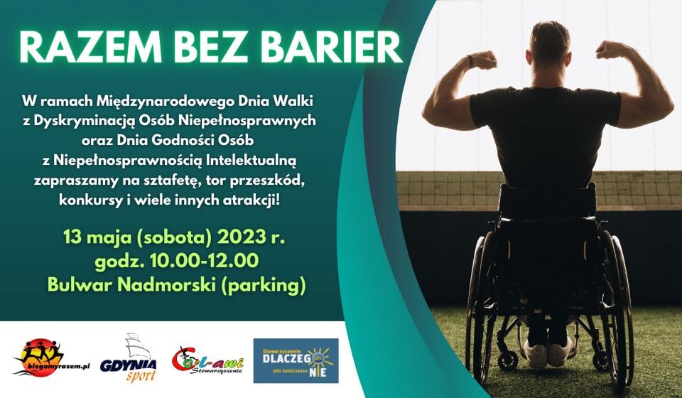 Grafika wydarzenia z osobą na w&oacute;zku trzymająca podniesione ramiona w geście triumfu.