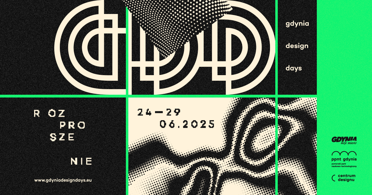 Grafika promująca Gdynia Design Days 2025, hasło "Rozproszenie", kolorystyka zielono-szara, geometryczne wzory