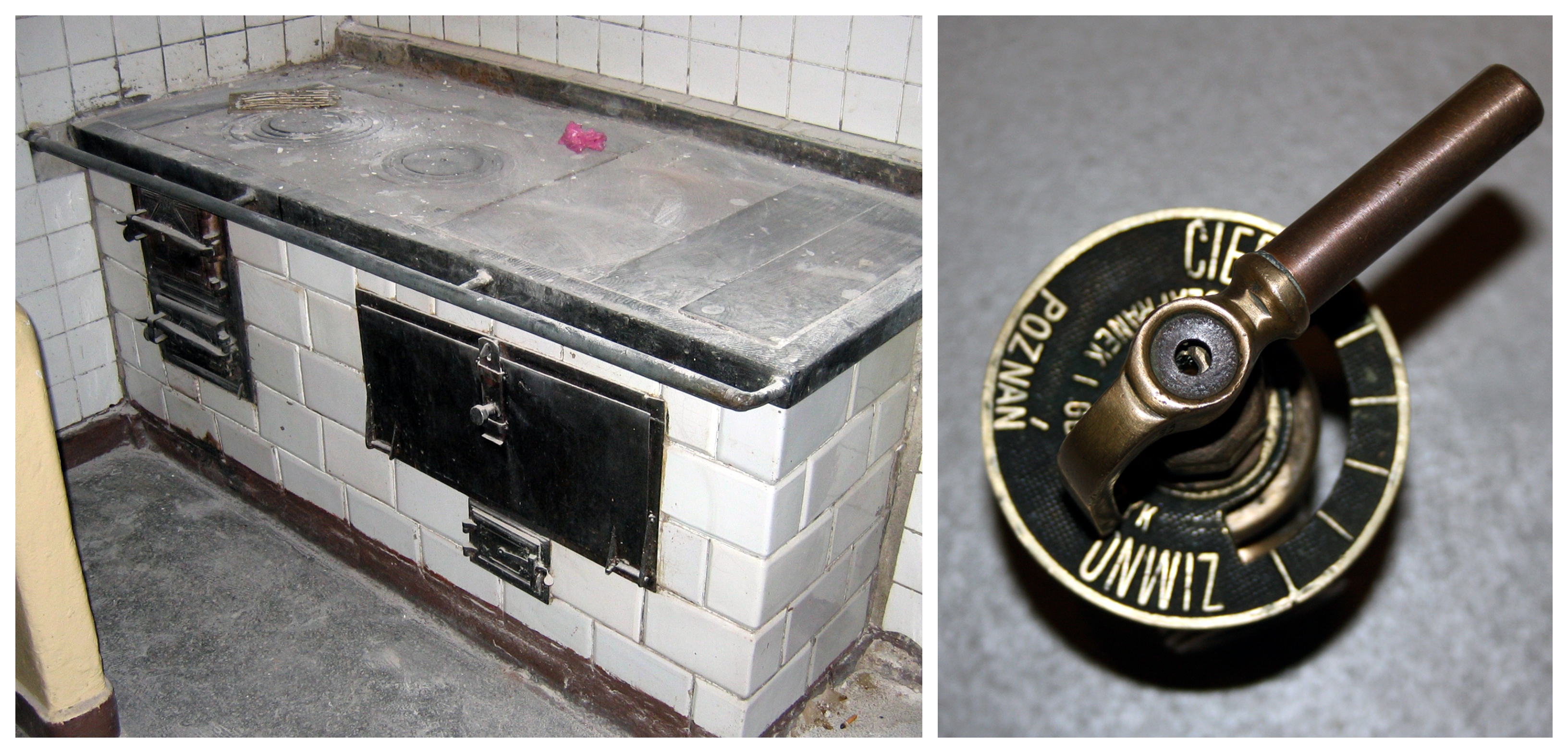 Od lewej: Kuchnia węglowa w kuchni w budynku przy ul. 3 Maja 27-31; Zaw&oacute;r grzejnikowy z budynku przy ul. Waszyngtona 38 po renowacji.