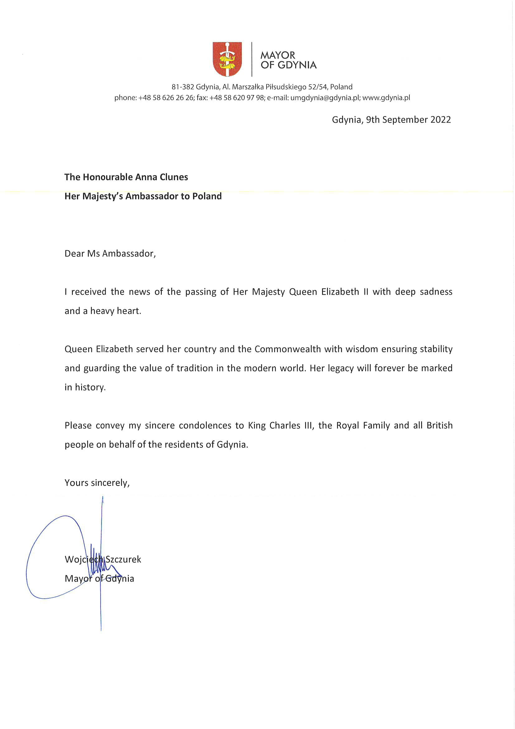 Kondolencje od prezydenta Gdyni do Anny Clunes