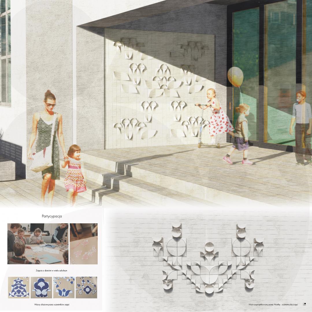 Wizualizacja ściany budynku z r&oacute;żnymi wzorami. Wyr&oacute;żnienie w kategorii architektura. Autorka: Sara Saltarska. Projekt: &bdquo;Mozaika ceramiczna dla szkoły podstawowej. Motyw regionalny&rdquo; // materiały organizator&oacute;w 