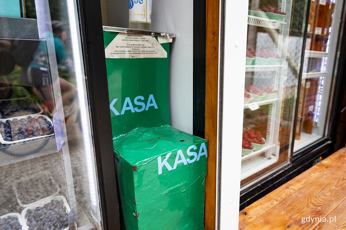 Kasa z metalowej skrzynki, do kt&oacute;rej można wrzucić zapłatę za produkty nabyte w sklepiku zaufania gospodarstwa "Malinogr&oacute;d". Fot. Przemysław Kozłowski