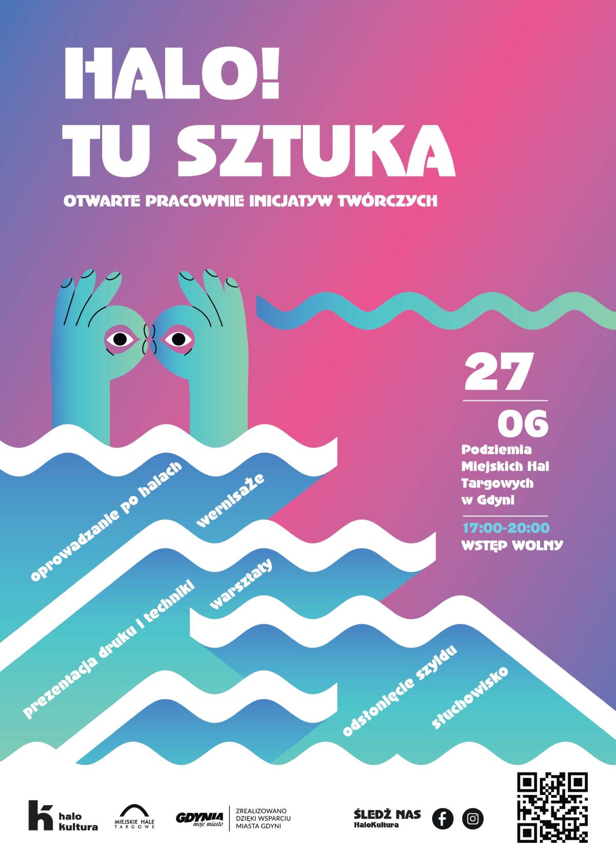 Plakat przedstawiający nazwę i datę wydarzenia na r&oacute;żowo-fioletowym tle ozdobionym białymi falami