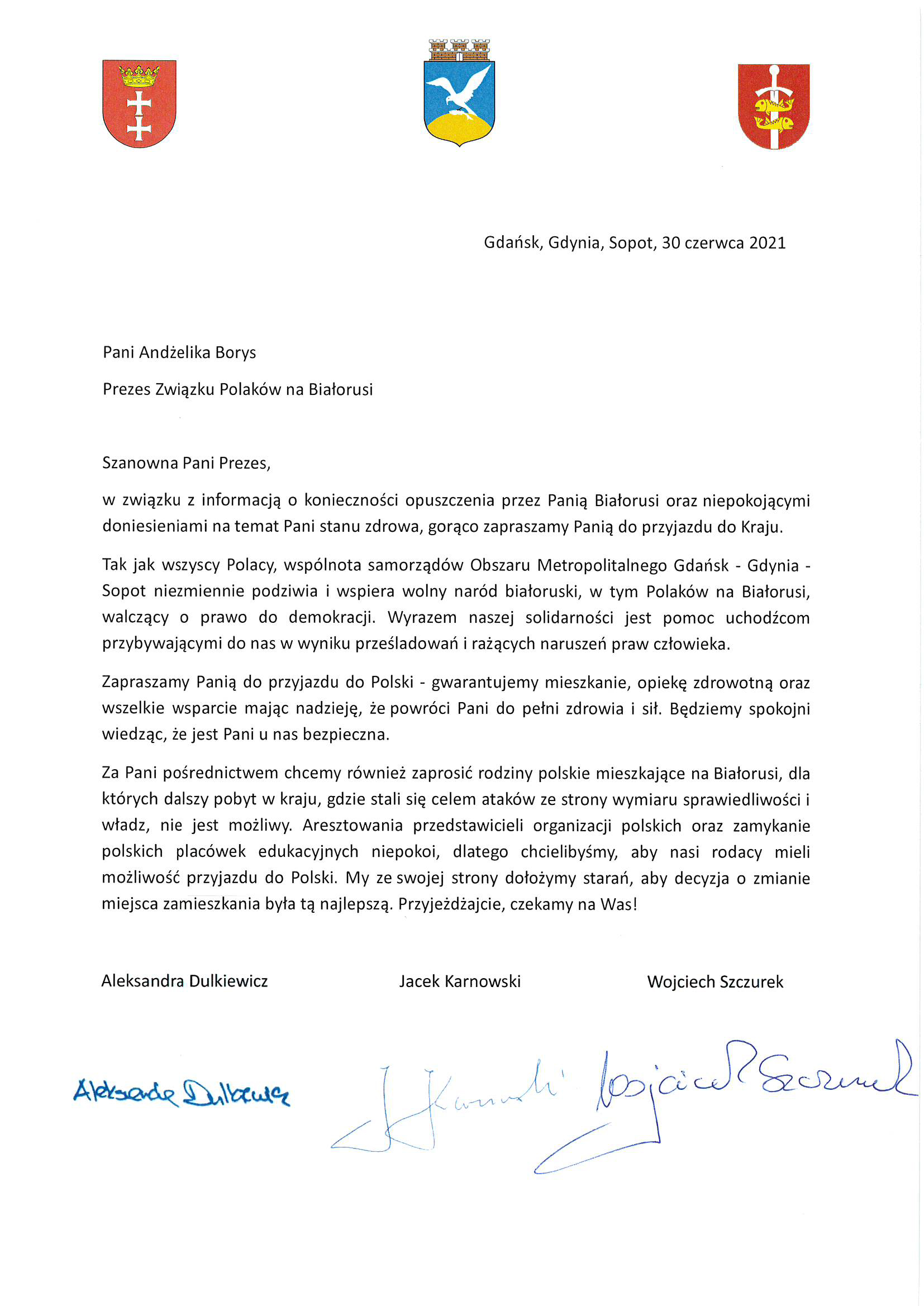 List tr&oacute;jmiejskich włodarzy do Andżeliki Borys