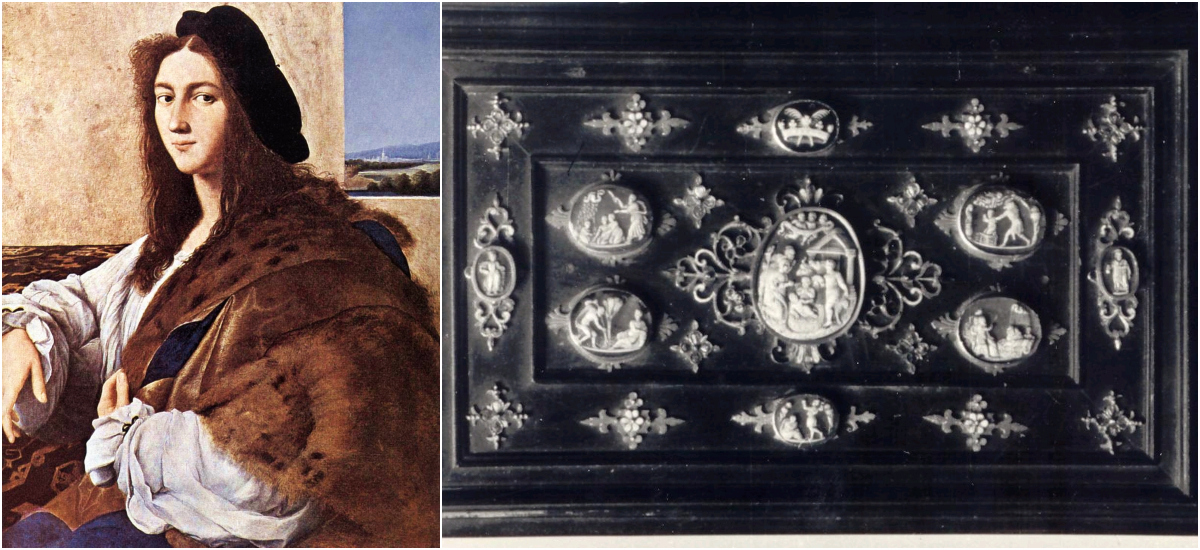 Utracone przez Polskę dobra kultury: obraz "Portret młodzieńca" Rafaela i szkatułka kr&oacute;lowej Bony ze Szkatuły Kr&oacute;lewskiej. Źr&oacute;dło: wikipedia.org