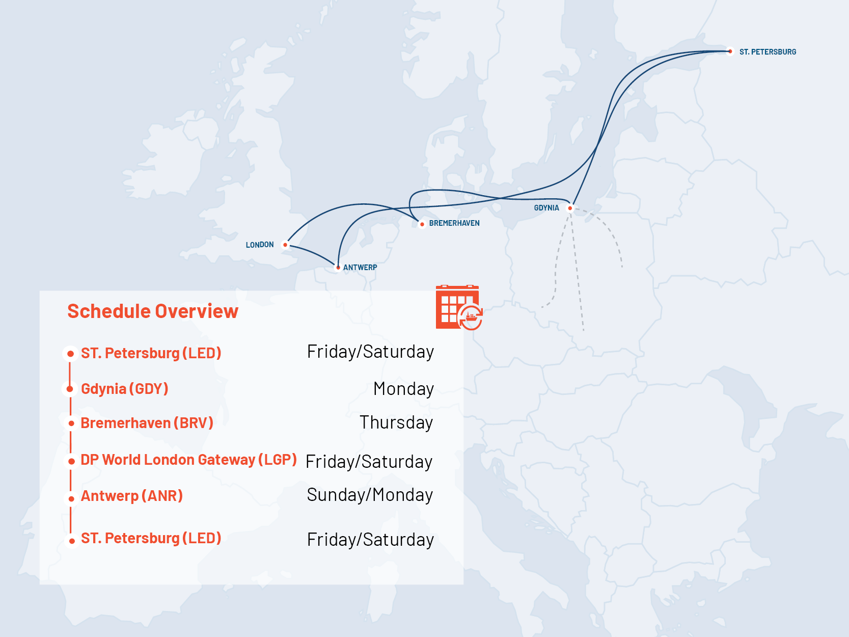 Mapa ilustruje nowe połączenie, dzięki kt&oacute;remu towary z Wysp Brytyjskich będą docierać bezpośrednio do Gdyni, fot. mat. prasowy www.unifeeder.com