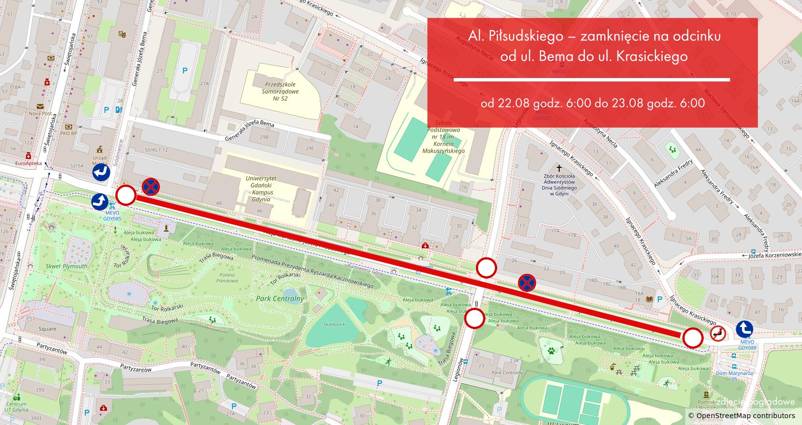 Mapka: Al. Piłsudskiego zamknięta na odcinku od ul. Bema do ul. Krasickiego