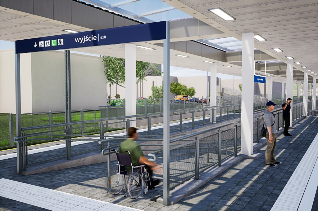 Wizualizacja wejścia na peron z pochylnią ułatwiającą dostęp dla os&oacute;b z niepełnosprawnościami. Źr&oacute;dło: BPK Poznań
