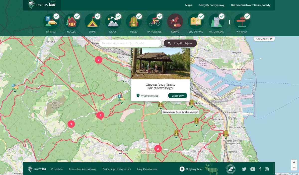 Zrzut ekrany z mapy czaswlas.pl z widocznym fragmentem gdyńskich las&oacute;w, www.czaswlas.pl