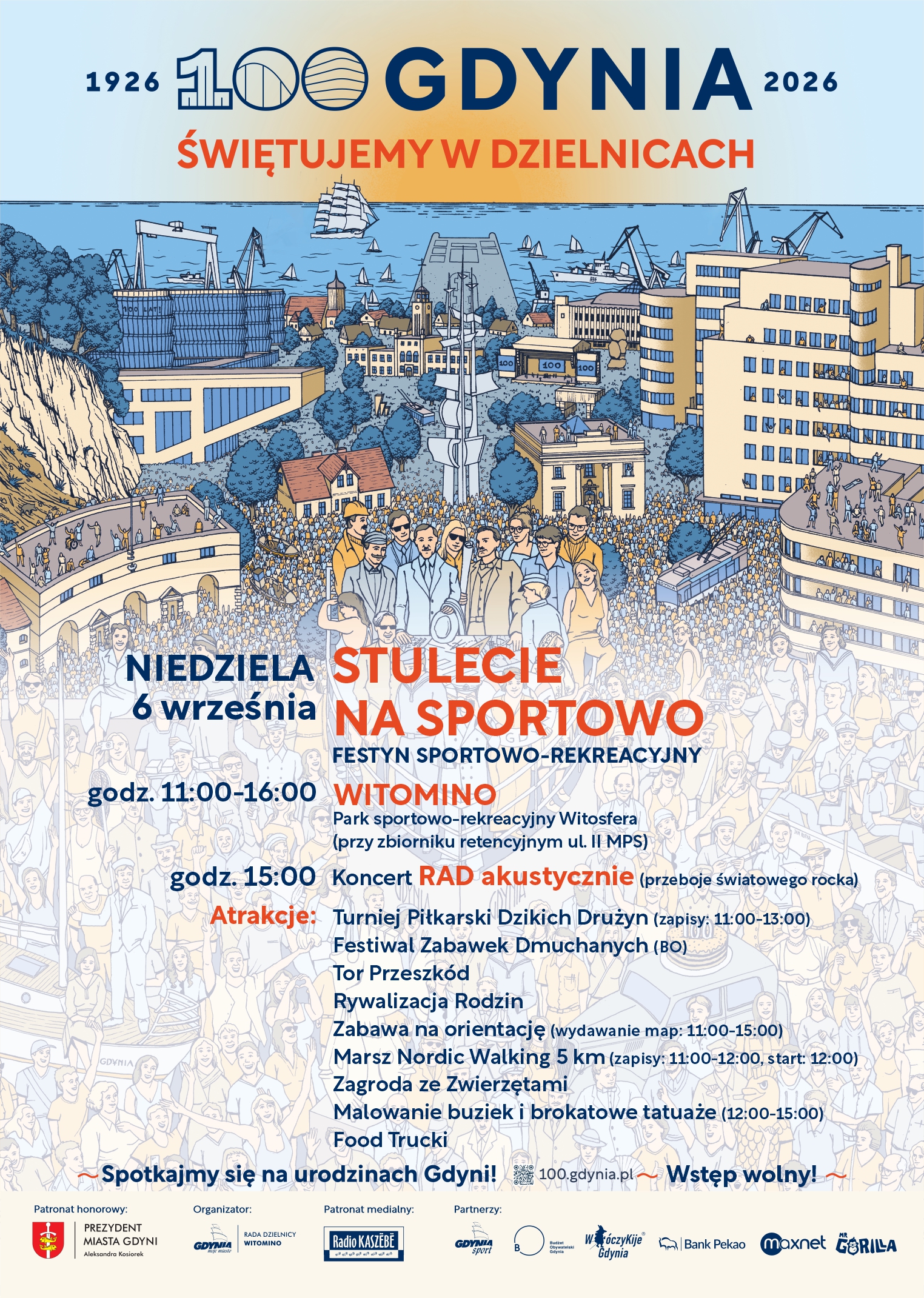 Plakat promujący sportowy festyn na Witominie z okazji 100 urodzin Gdyni.