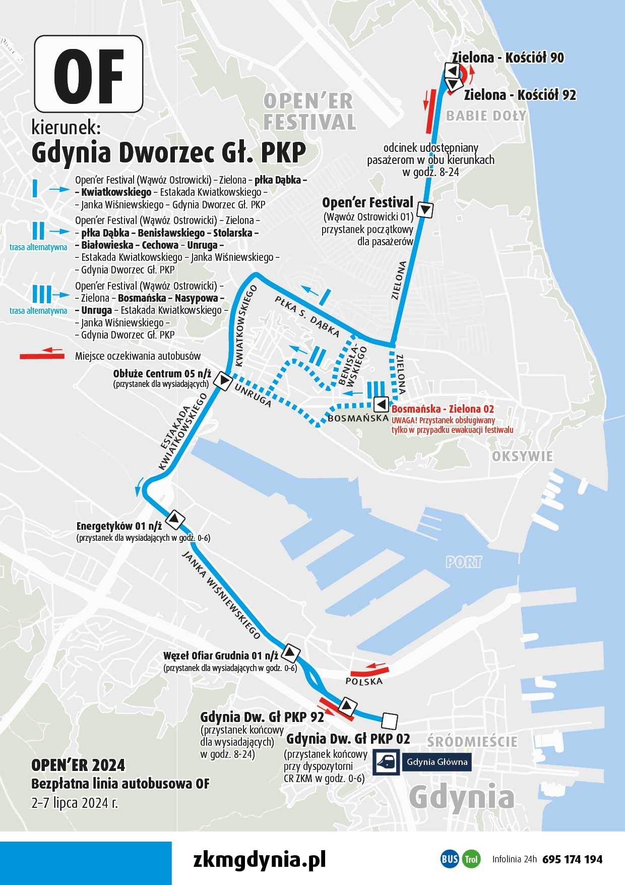 Mapka z trasą linii autobusowej "OF", kierunek Gdynia Dworzec Gł&oacute;wny PKP: