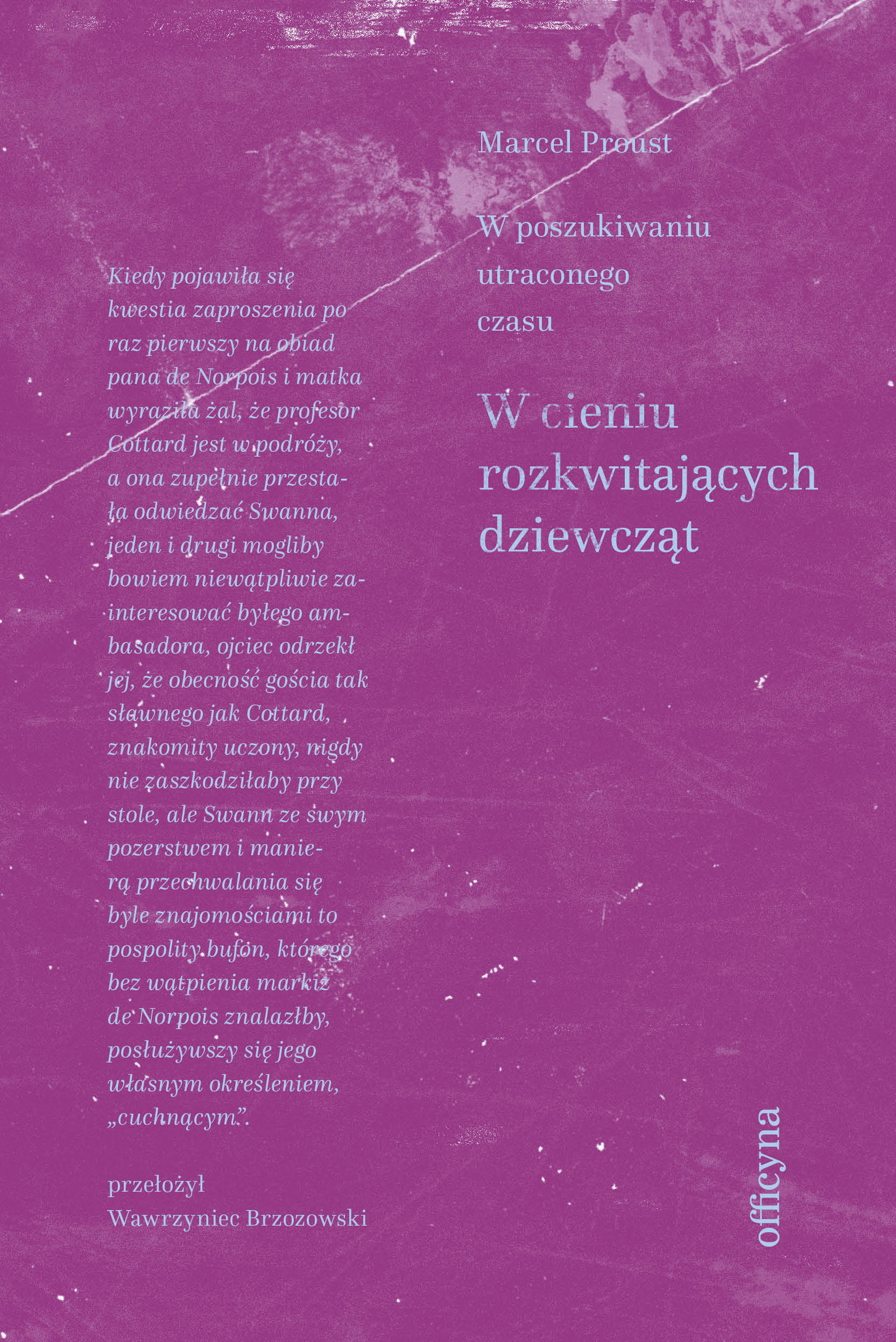 Okładka książki Marcela Prousta "W poszukiwaniu utraconego czasu. W cieniu rozkwitających dziewcząt". Na r&oacute;żowym tle umieszczono jasne napisy - po lewej fragment książki wraz z informacją, że przełożył ją Wawrzyniec Brzozowski, po prawej - imię i nazwisko autora oraz tytuł dzieła // fot. materiały prasowe