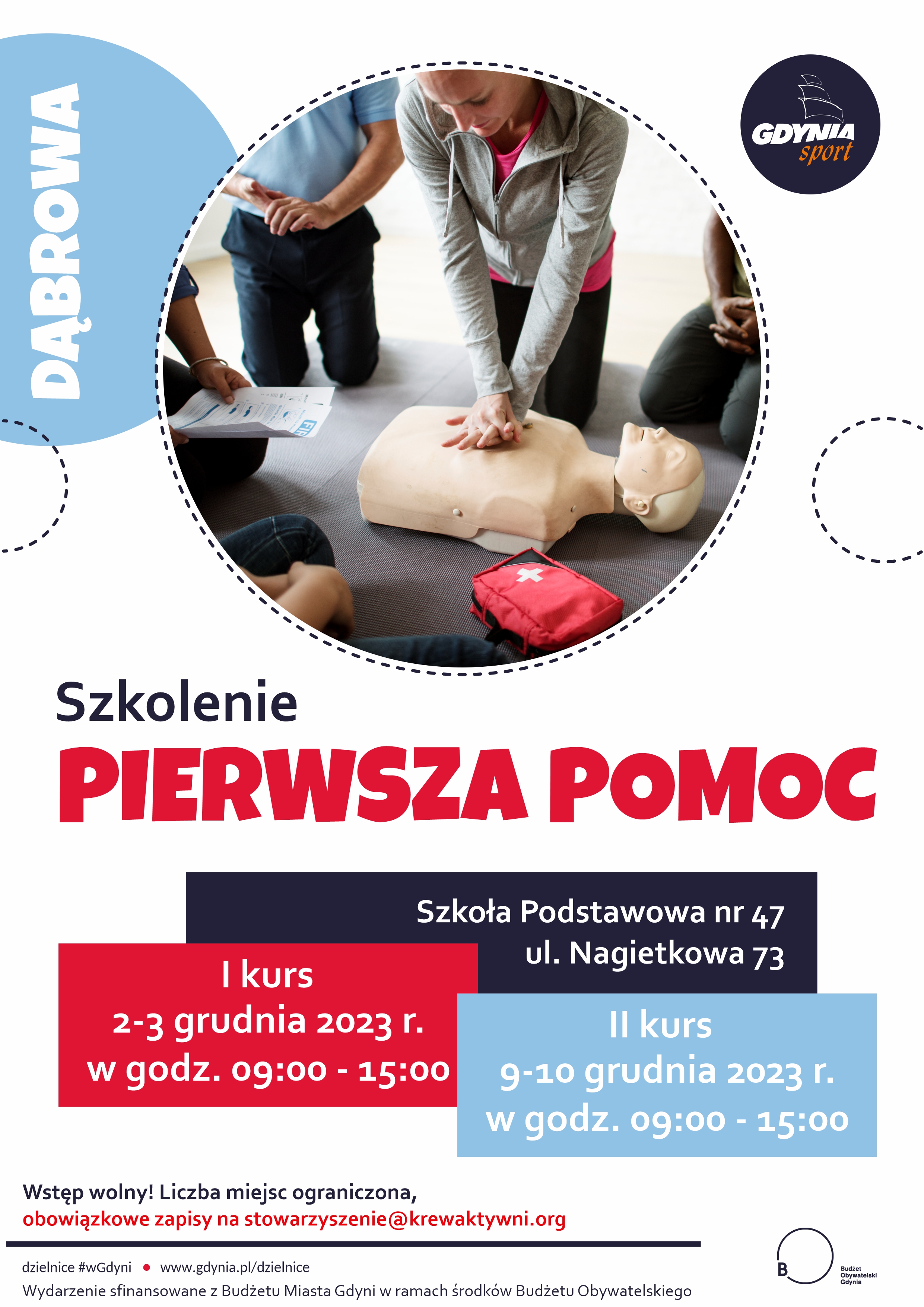 pierwsza pomoc plakat do wydarzenia, kobieta ćwicząca na fantomie
