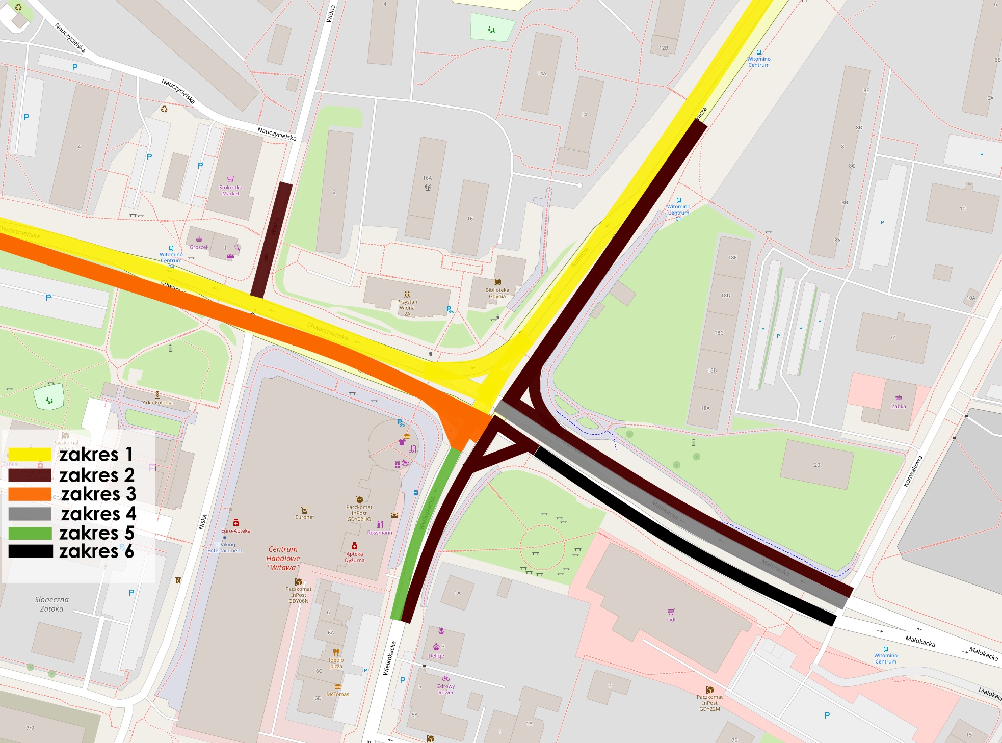 grafika: zakres prac, źr&oacute;dło: open street map// ZDIZ Gdynia 