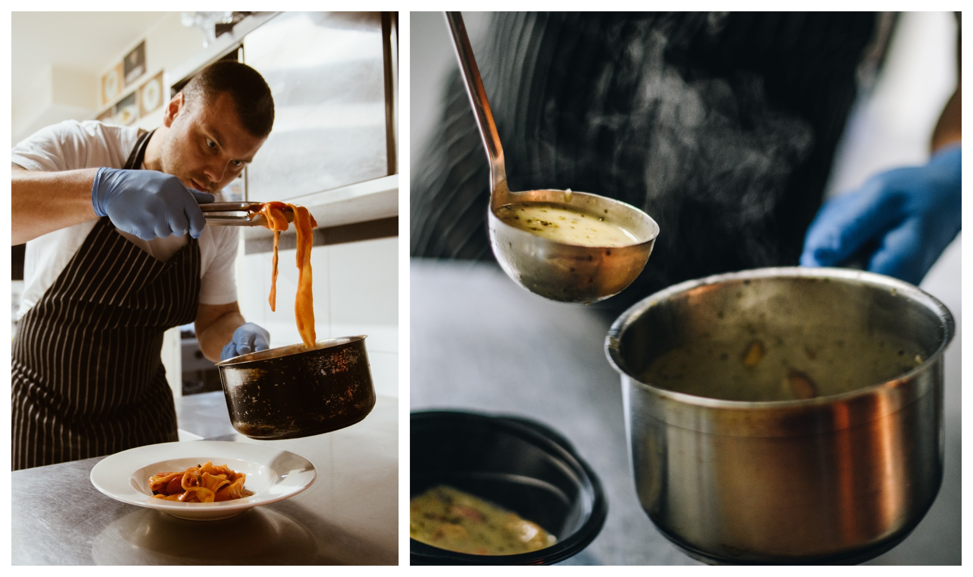 Szef kuchni restauracji Oberża 86 serwuje spagetti i zupę. Fot. Oberża 86