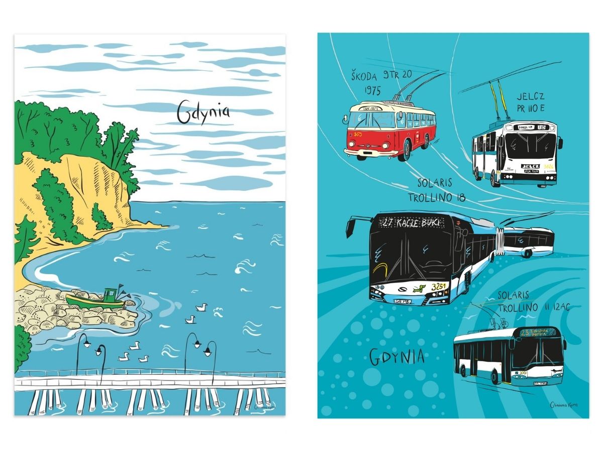 Kolaż zdjęć Glinianej Kury. Plakat po lewej stronie prezentuje Klif Orłowski, a na plakacie po prawej stronie, na niebieskim tle, zaprezentowane są 4 gdyńskie trolejbusy (od g&oacute;ry kolejno: Skoda 9TR20 1975, Jelcz PR II0 E, Solaris Trollino 18, Solaris Trollino II 12AC