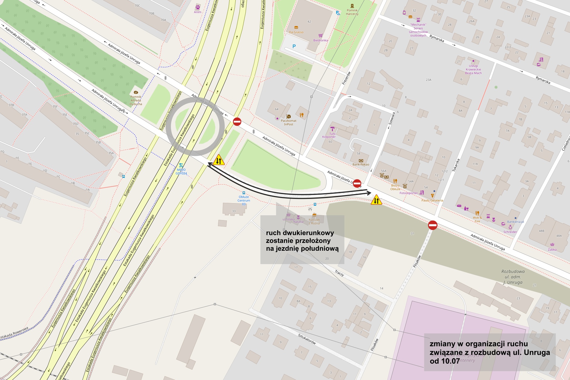 zmiany organizacji ruchu przy rozbudowie ul.Unruga// źr&oacute;dło:OpeenStreetMap