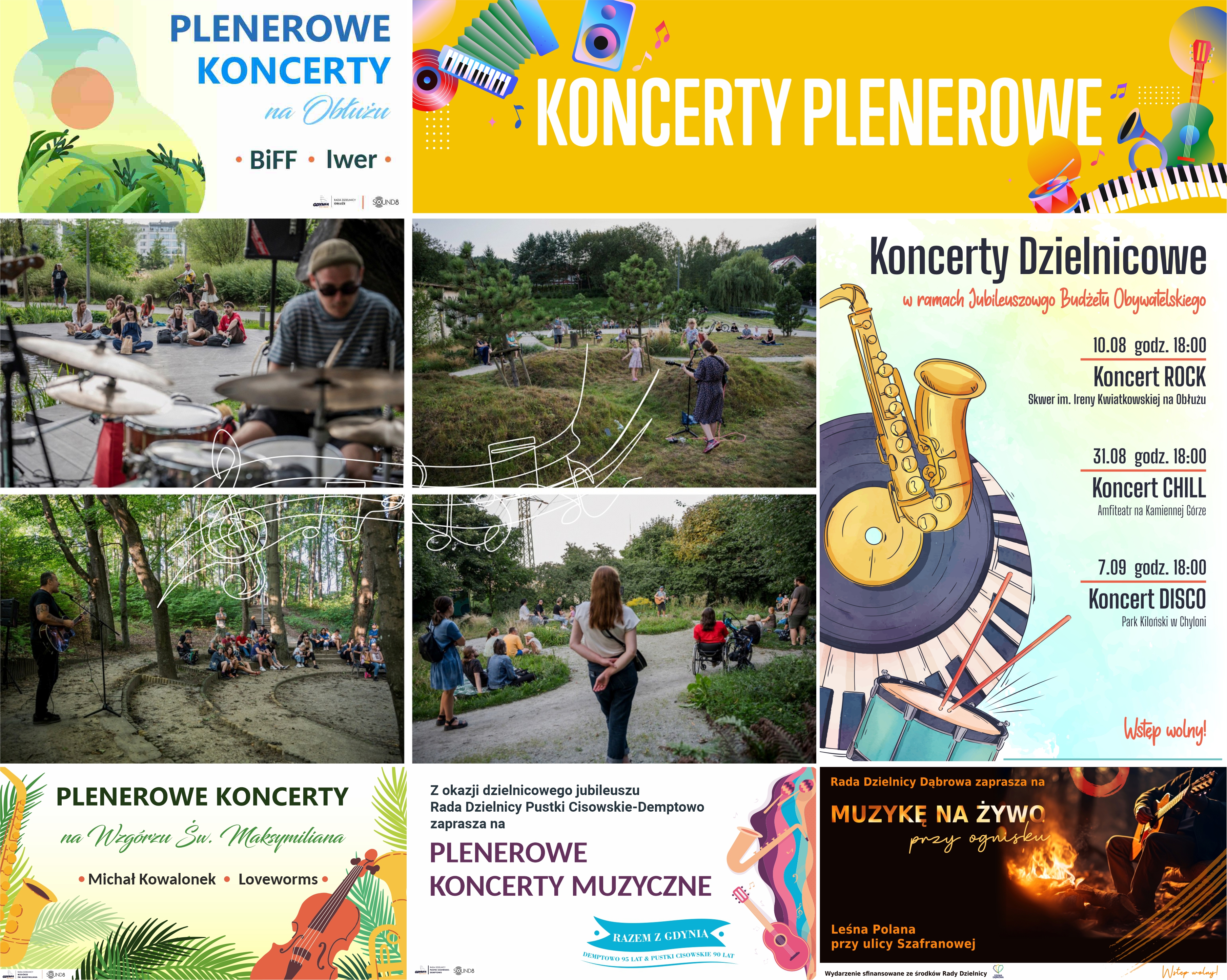 Kolaż zdjęć plakat&oacute;w koncert&oacute;w w dzielnicach.