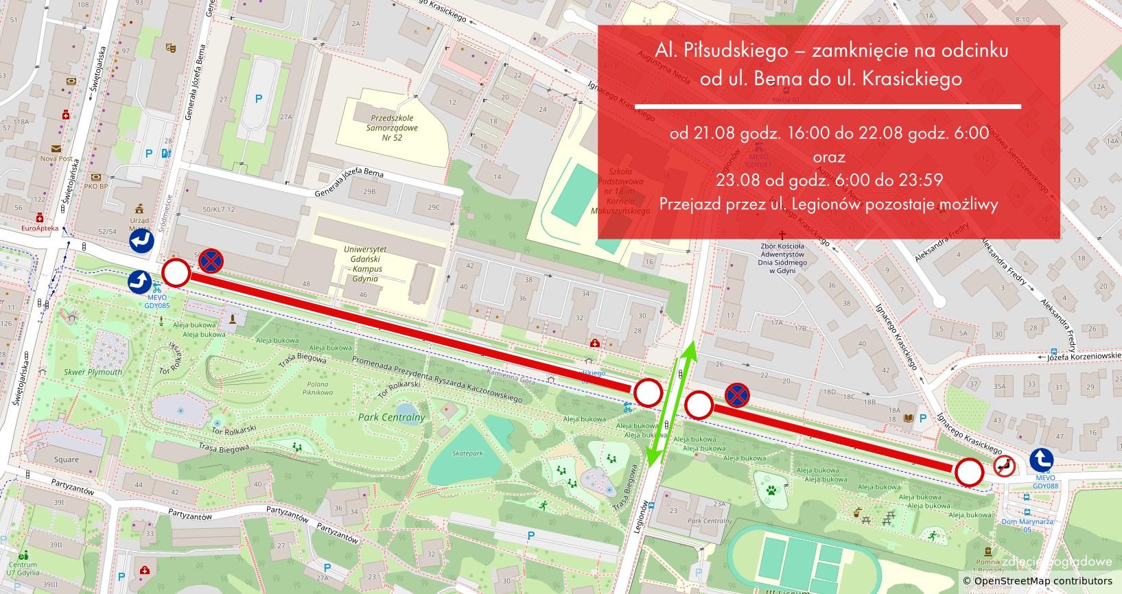 Mapka: zamknięte zostaną odcinki: Al. Piłsudskiego od ul. Bema do ul. Legion&oacute;w oraz od ul. Legion&oacute;w do ul. Krasickiego