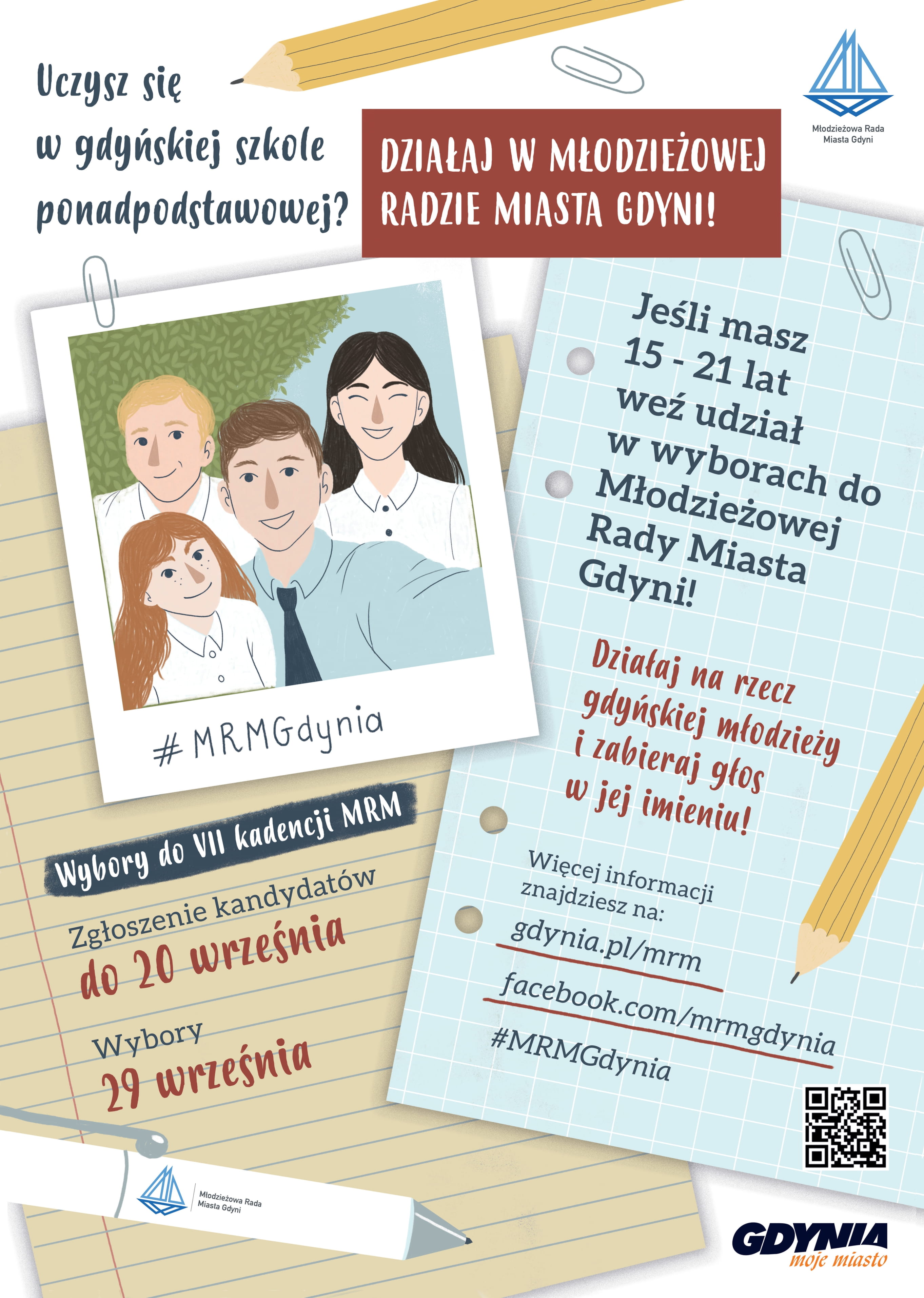 Plakat informujący o wyborach do Młodzieżowej Rady Miasta, skierowany do uczni&oacute;w w wieku 15  - 21 lat. Zgłaszanie kandydat&oacute;w do 20 września. Wybory 29 września 