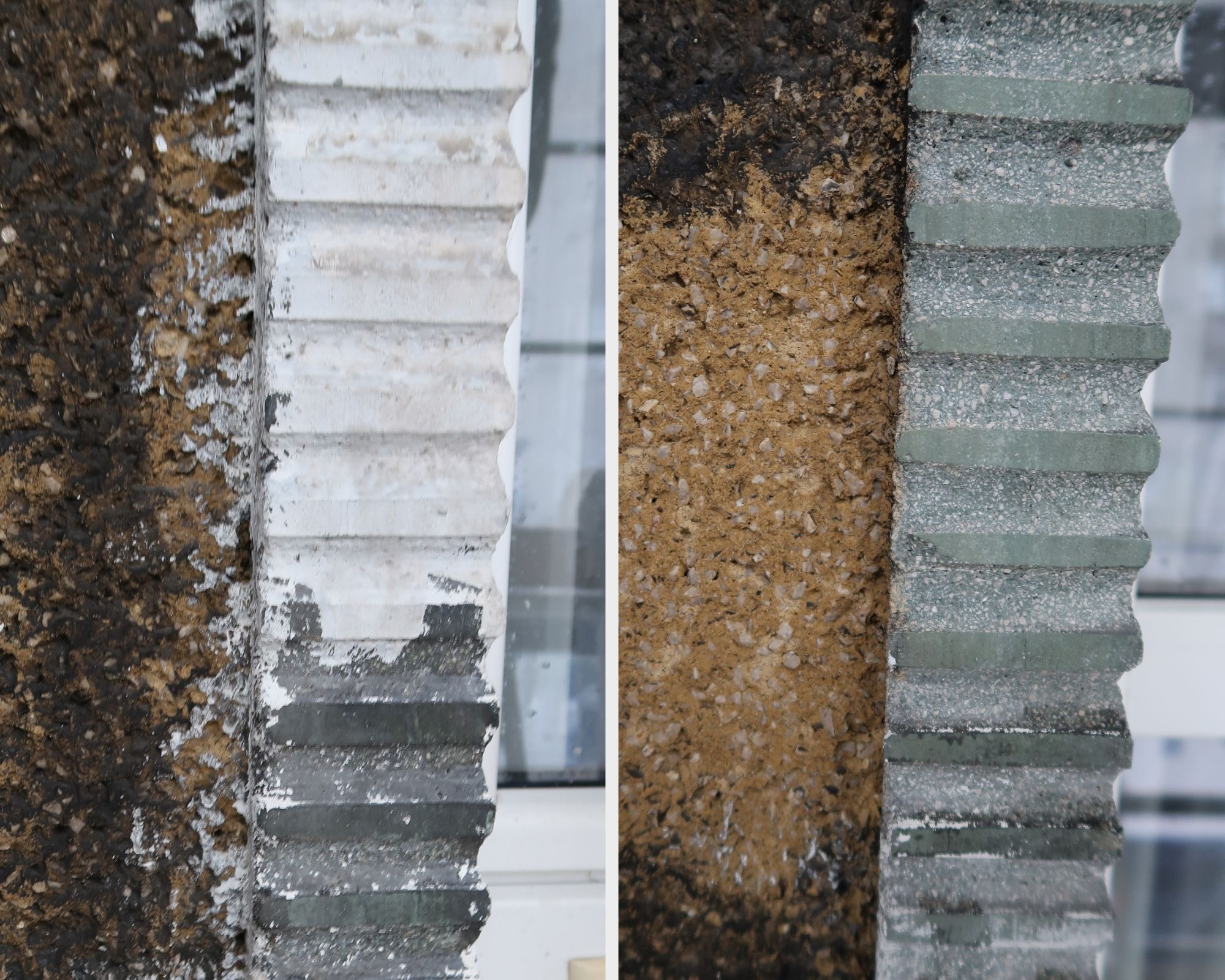 Fragment tynk&oacute;w budynku - z lewej tynk przed pracami konserwatorskimi, z prawej po oczyszczeniu. Fot. Biuro Miejskiego Konserwatora Zabytk&oacute;w