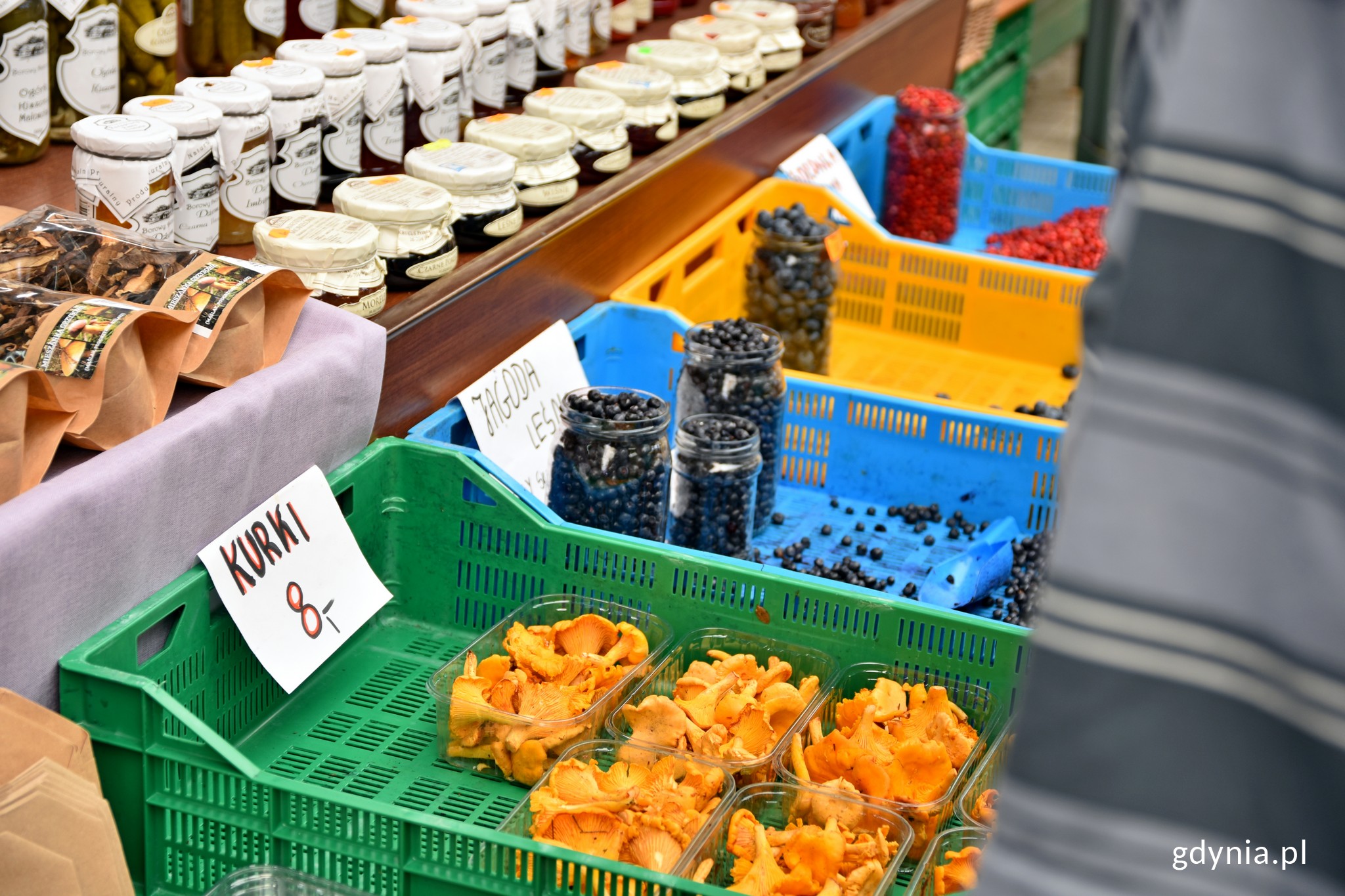 Na pierwszym planie skrzynki ze świeżymi, ż&oacute;łtymi kurkami poukładanymi w plastikowych pojemnikach. Obok słoiki z jagodami i bor&oacute;wkami. U g&oacute;ry słoiki z przetworami i wekami oraz opakowania suszonych grzyb&oacute;w // fot. Sławomir Okoń
