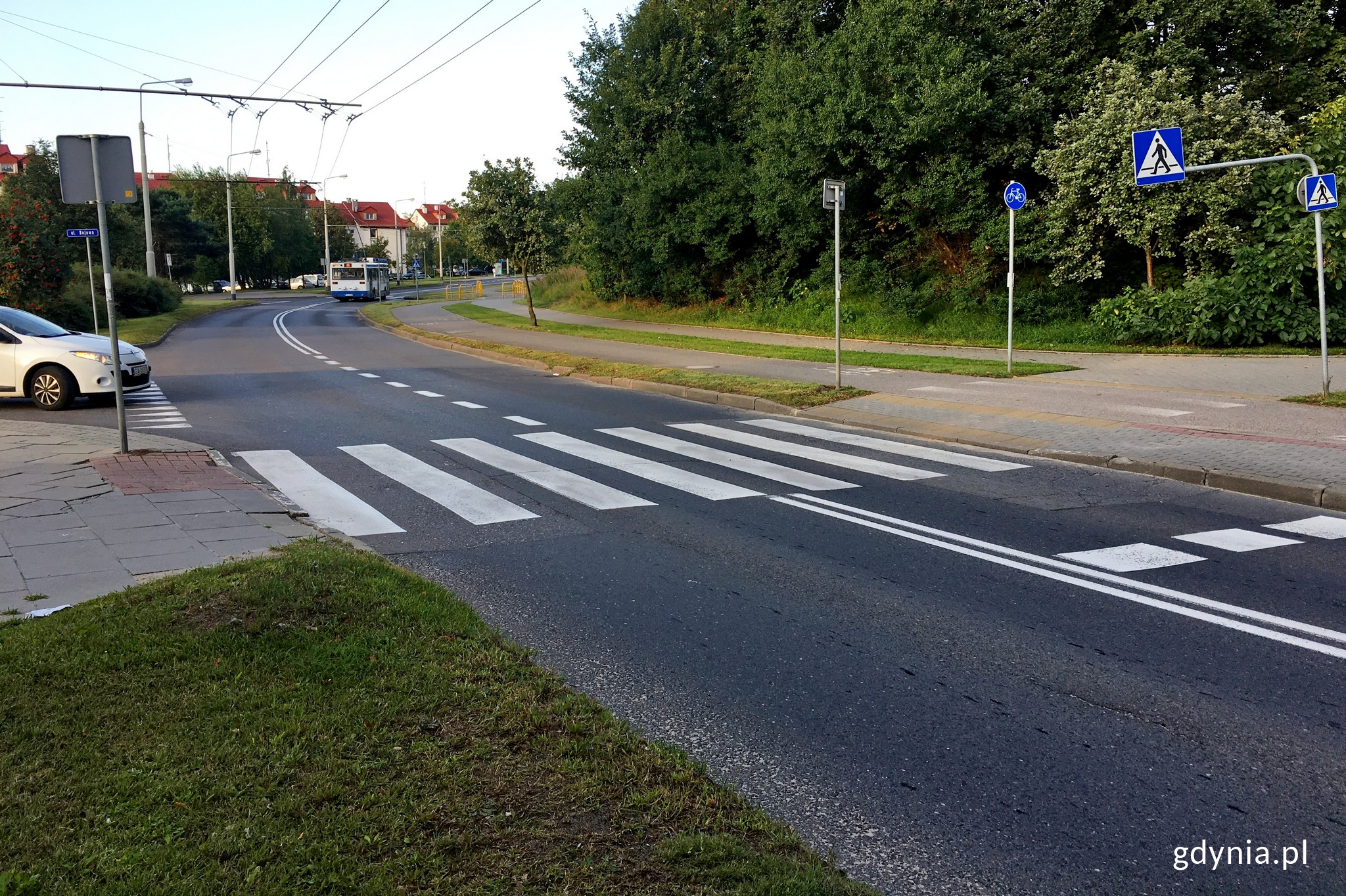 Jedno z aktywnych przejść powstanie na Dąbrowie na ul. Rdestowej. Dodatkowe oznaczenia oraz inteligentny system ostrzegania zyska przejście przy wyjeździe z ulicy Sojowej // fot. Paweł Kukla