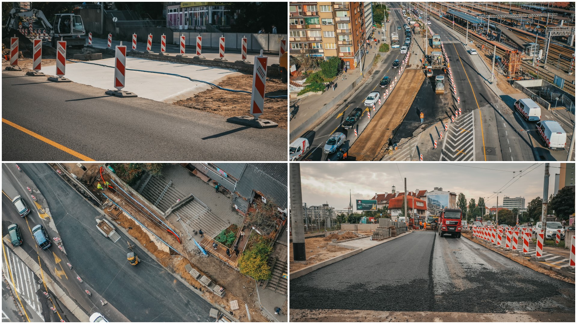 Kolaż zdjęć przedstawiający wzmacnianie konstrukcji tunelu oraz wymianę izolacji w przejściu podziemnym pod ul. Morską. Fot. M. Mielewski