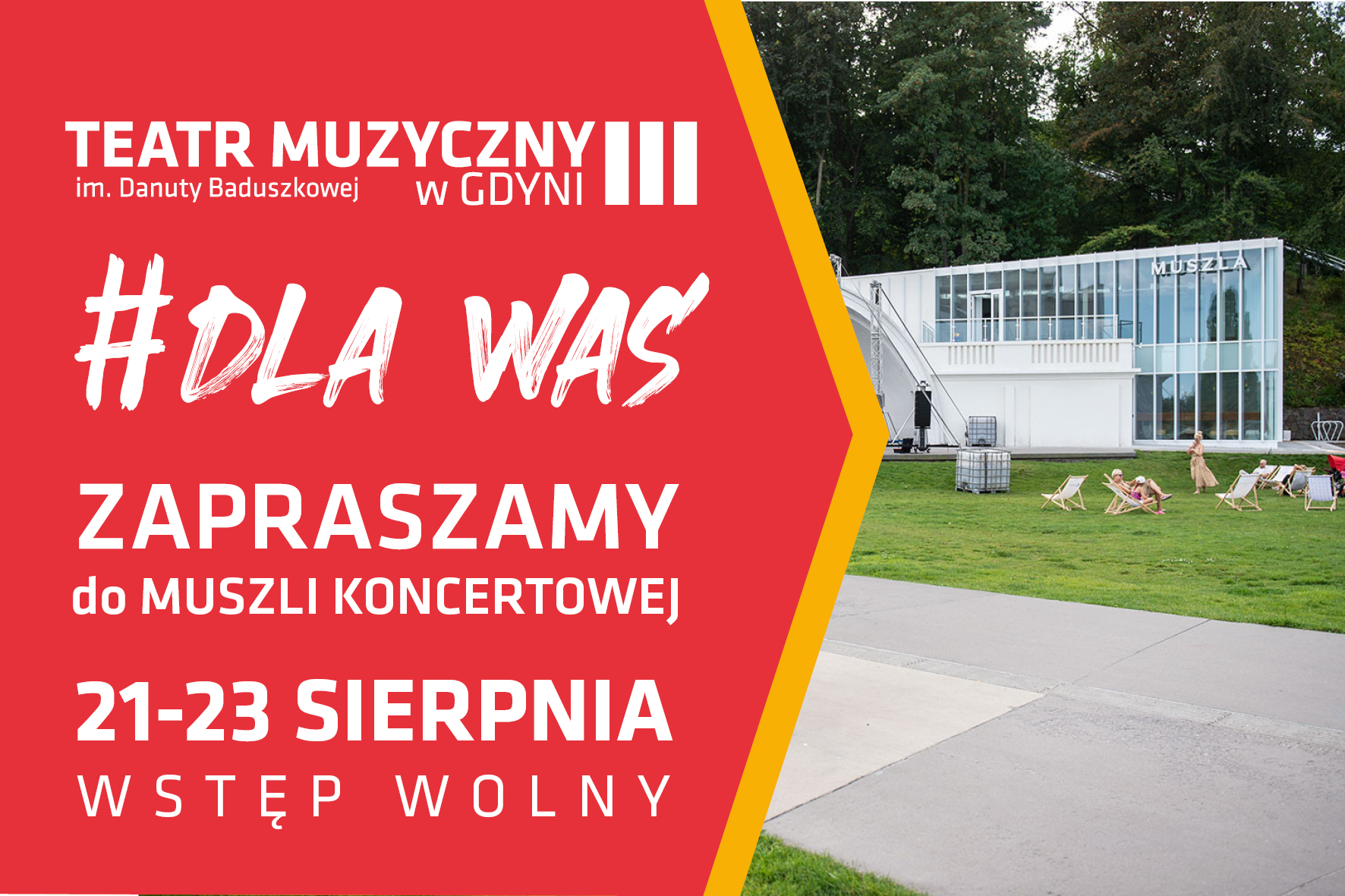 Baner z informacją o koncertach artyst&oacute;w z Teatru Muzycznego w gdyńskiej Muszli 21-23 sierpnia, materiały prasowe