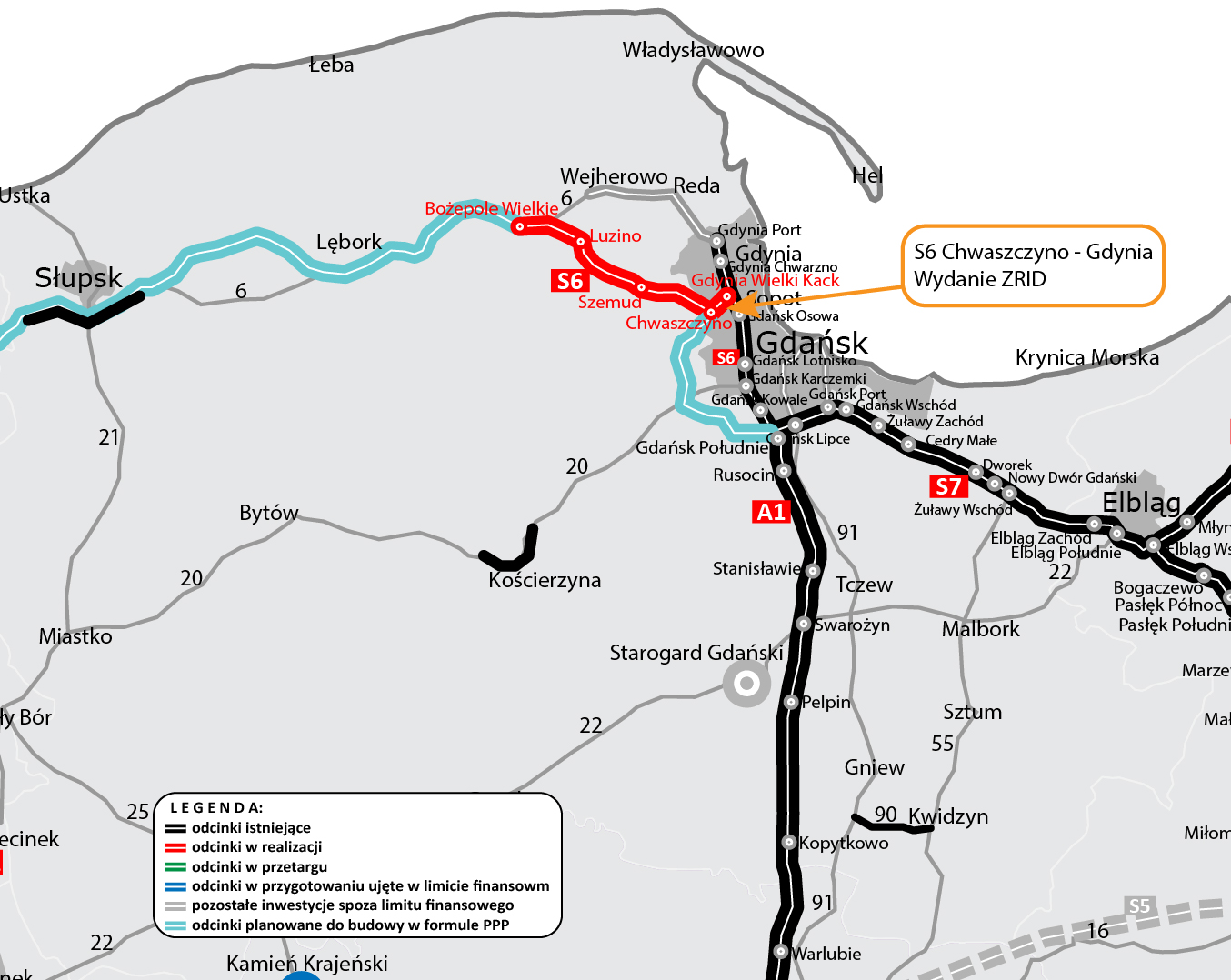 Mapa przedstawiająca planowany przebieg nowej trasy S6, źr&oacute;dło: GDDKiA Oddział Gdańsk, www.gddkia.gov.pl
