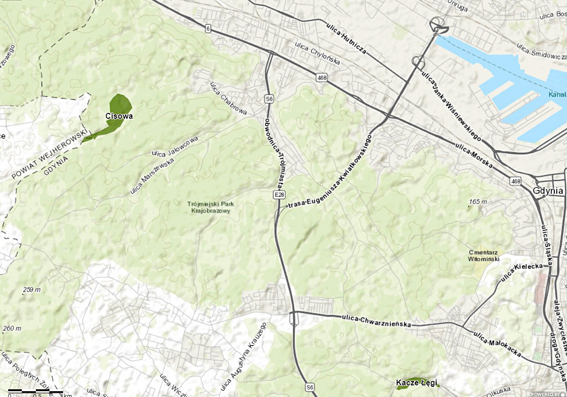 Mapa części Nadleśnictwa Gdańsk z zaznaczonym obszarem rezerwatu przyrody Cisowa, źr&oacute;dło: Nadleśnictwo Gdańsk